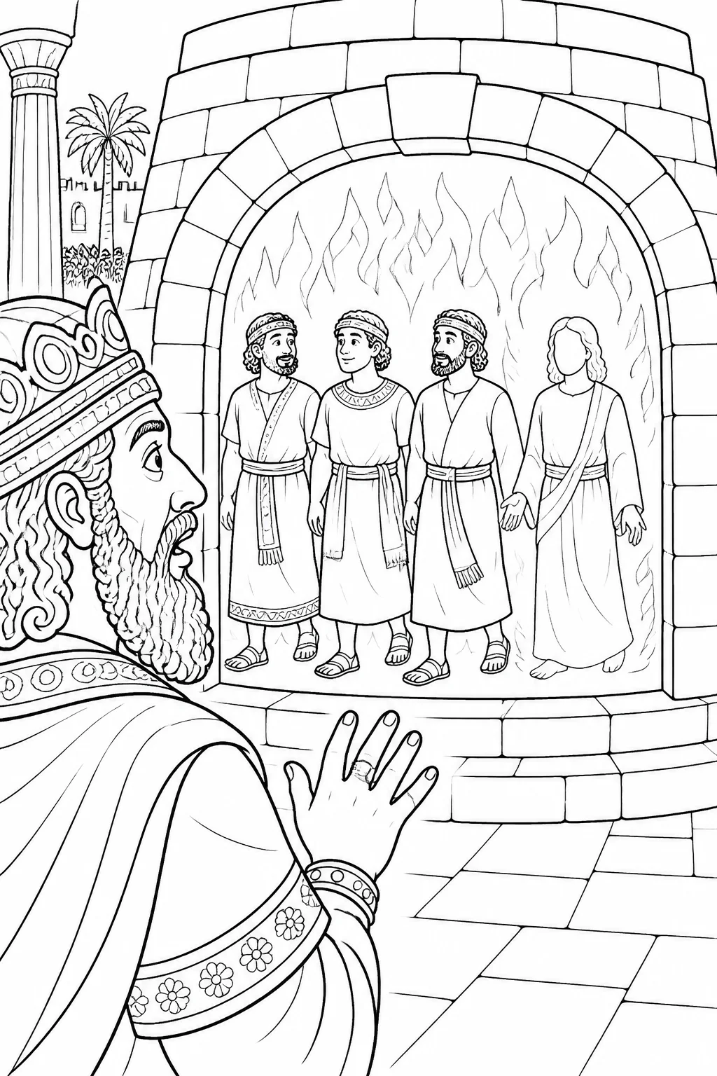 Shadrach, Meshach, and Abednego walk unbound and unharmed inside the furnace while Nebuchadnezzar sees a fourth figure with them.