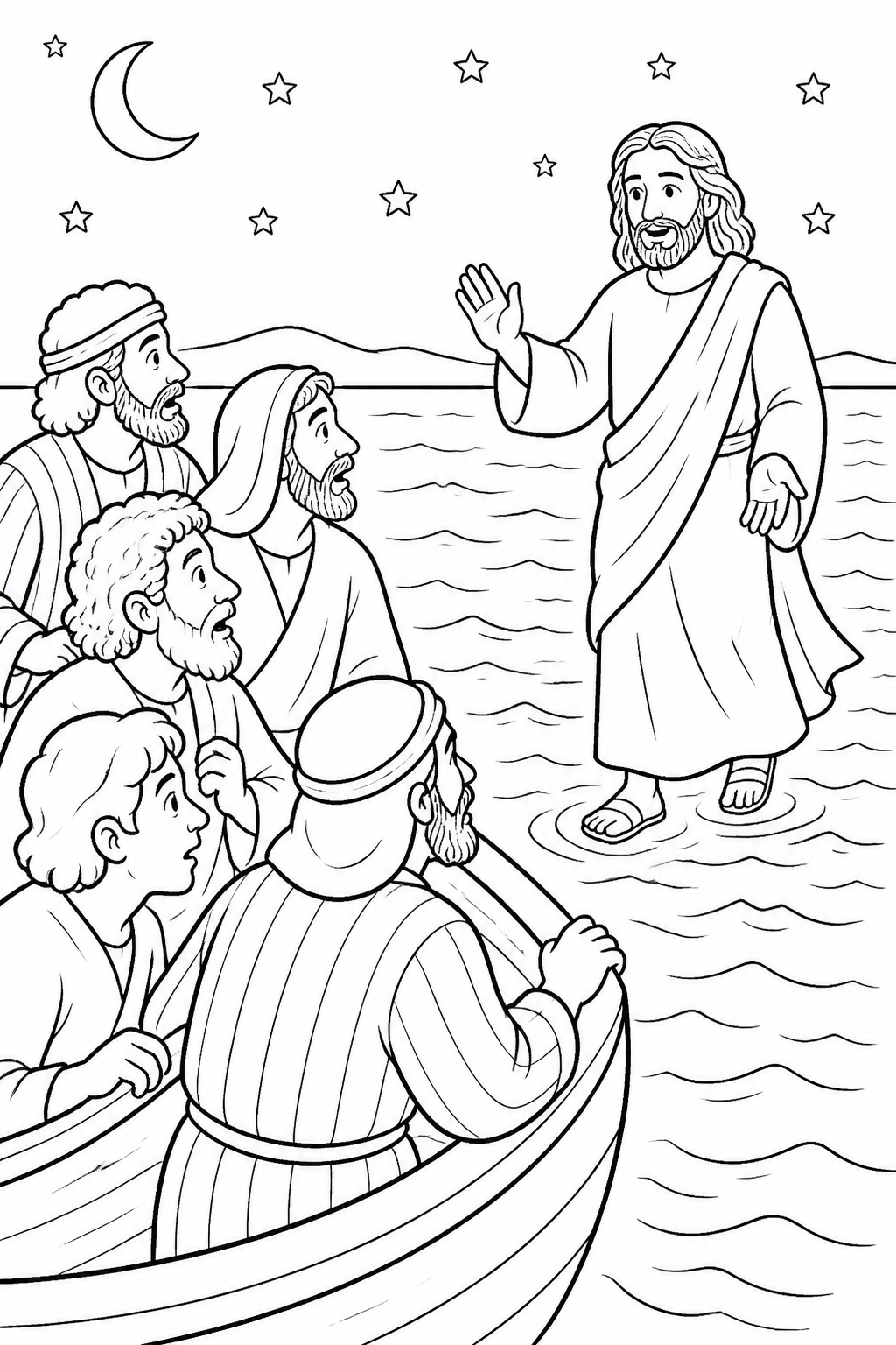 Jesus Reassures the Disciples from Jesus Walks on Water Bible coloring page
