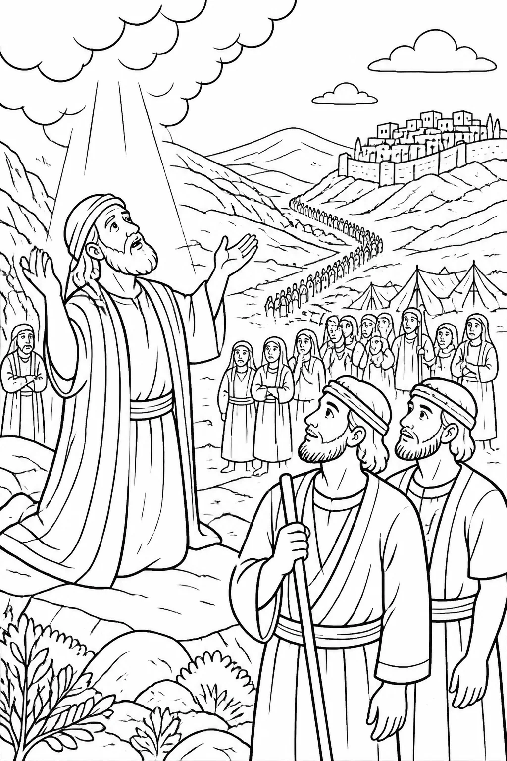 Moses praying before the LORD’s presence after the Israelites’ unbelief, with Joshua and Caleb nearby, the wilderness around them, and distant Canaan suggesting the promised land and wilderness consequence.