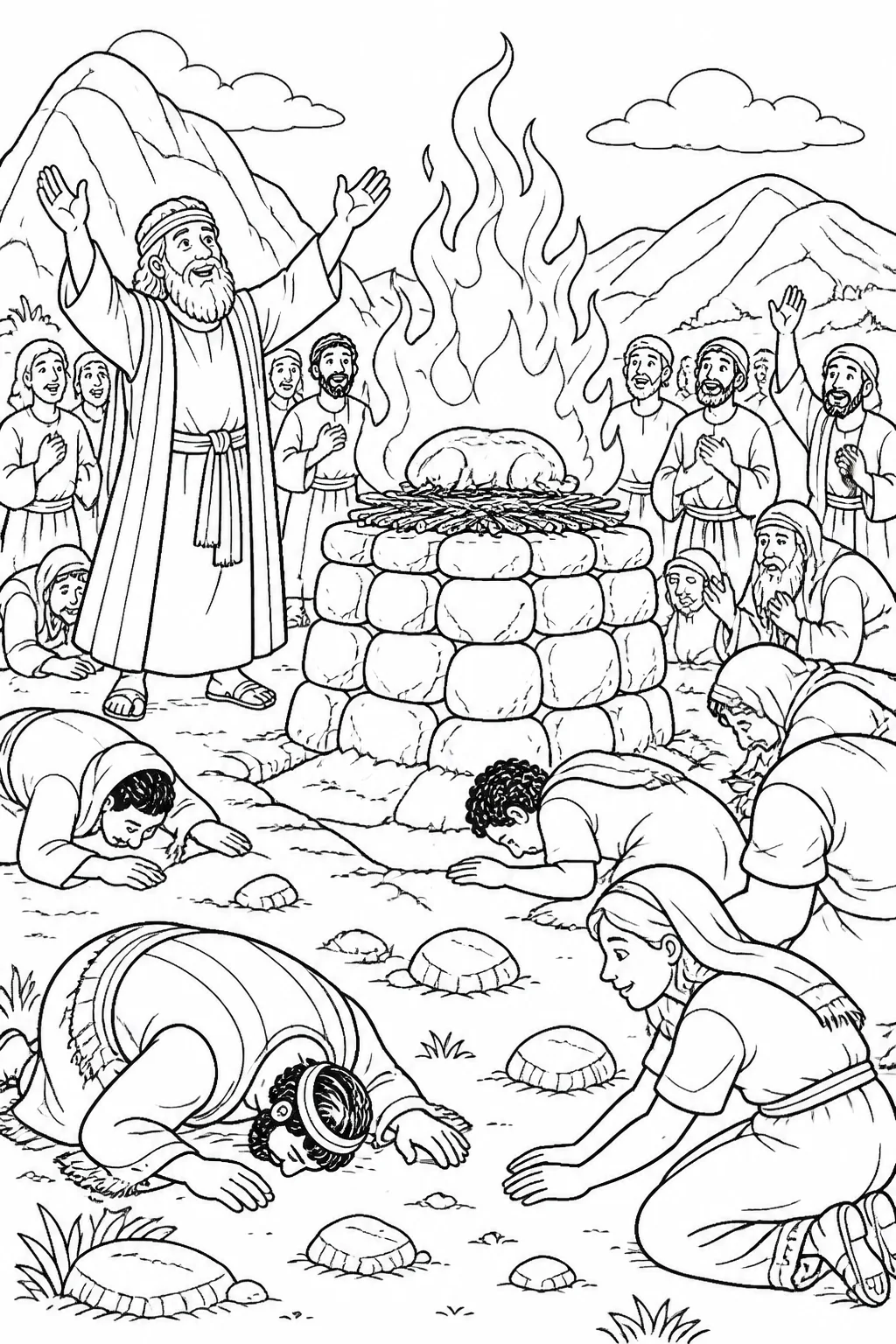 Elijah beside the LORD’s altar after fire from the LORD answers his prayer, while the people of Israel fall facedown and acknowledge that the LORD is God.