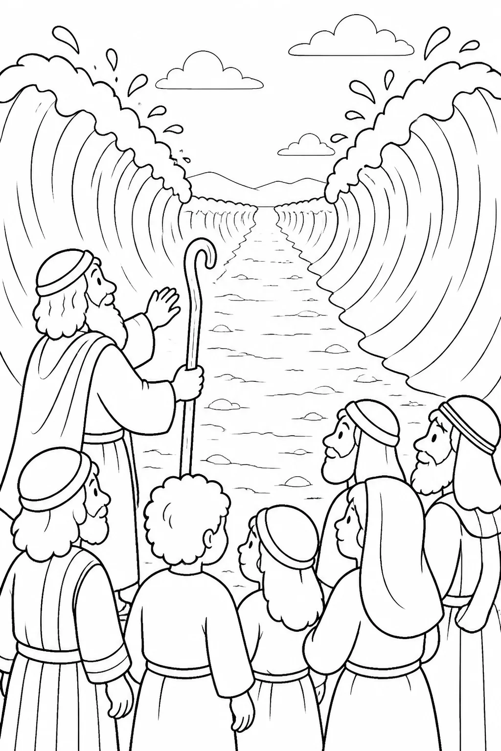 Moses stretches out his hand with his staff toward the Red Sea as the LORD opens a dry path for the Israelites.