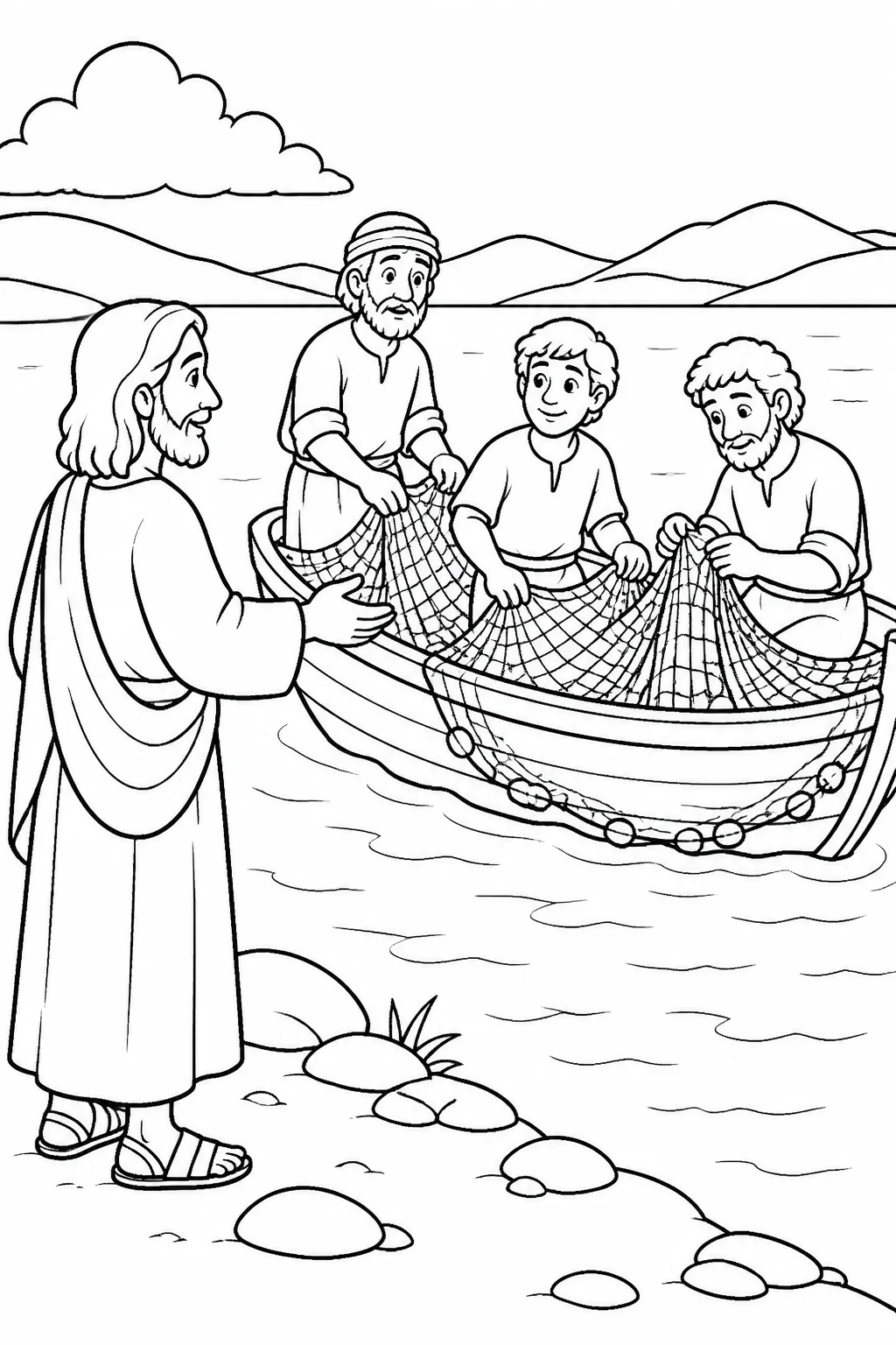Jesus sees James and John mending fishing nets in a boat with their father Zebedee near the Sea of Galilee.