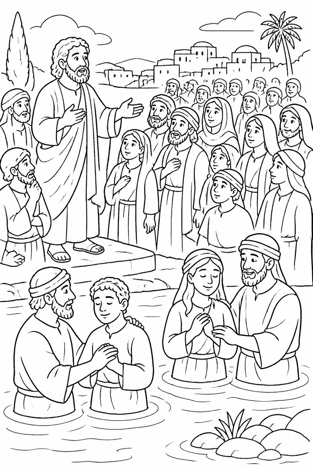 Peter speaks with listeners near water while people are baptized and other believers welcome them, representing Acts 2:37–41.