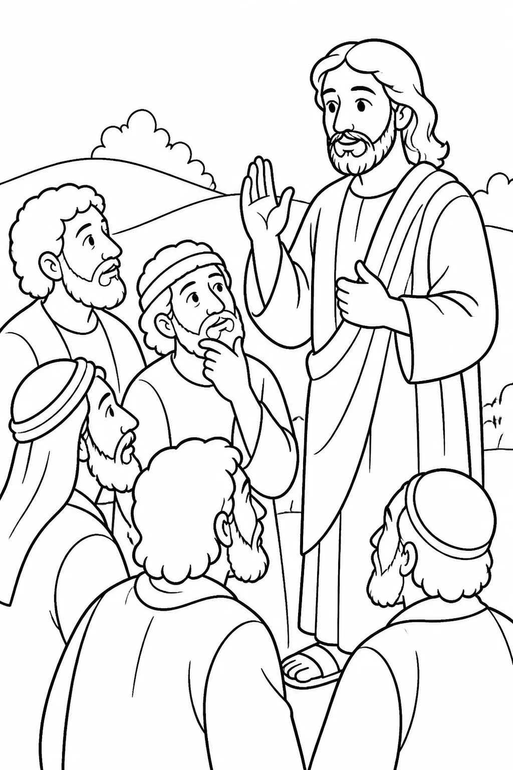 Jesus faces the disciples and instructs them not to tell anyone that he is the Christ, based on Matthew 16:20.