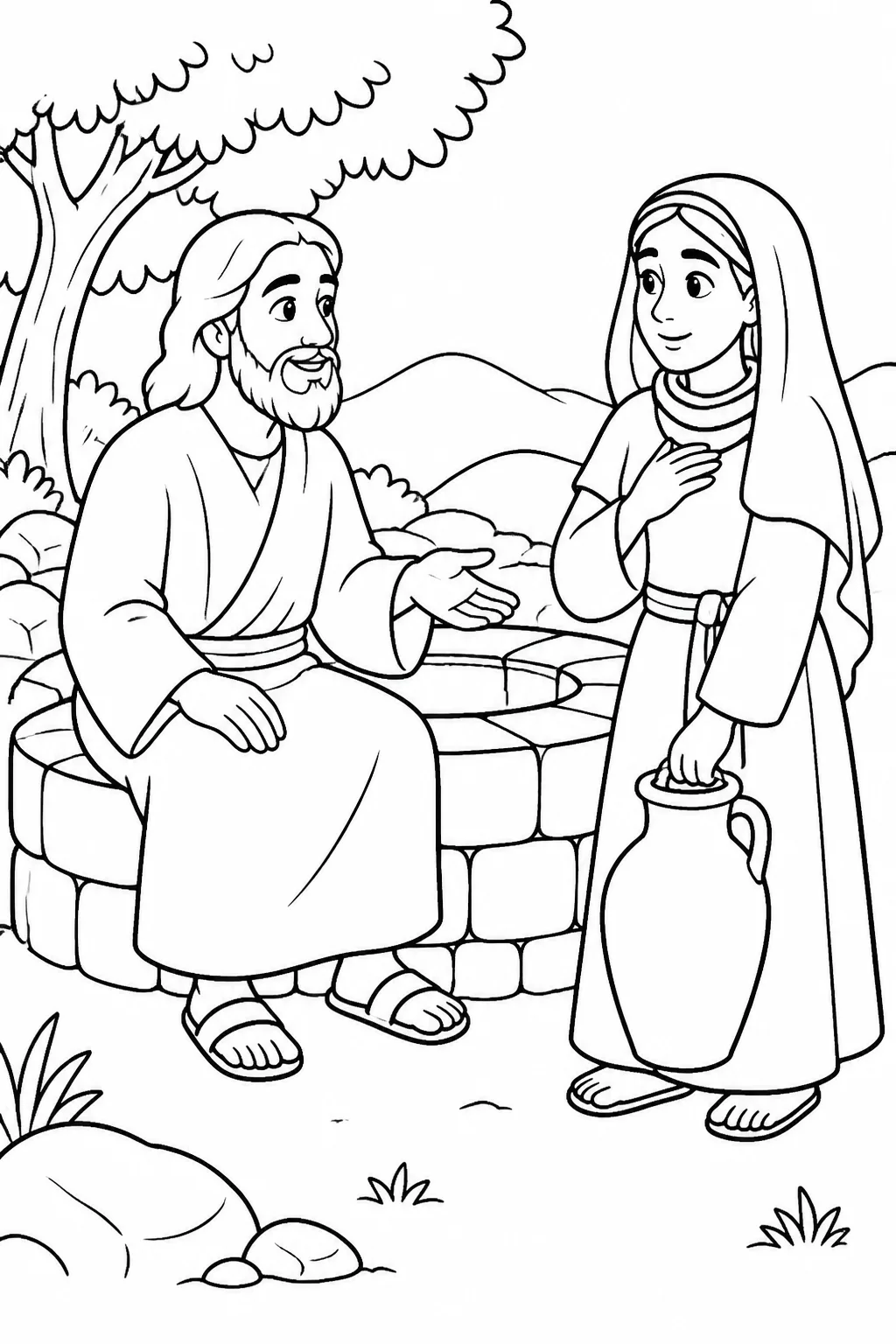 Jesus speaks respectfully with a Samaritan woman beside Jacob’s well, based on John 4:16–18.