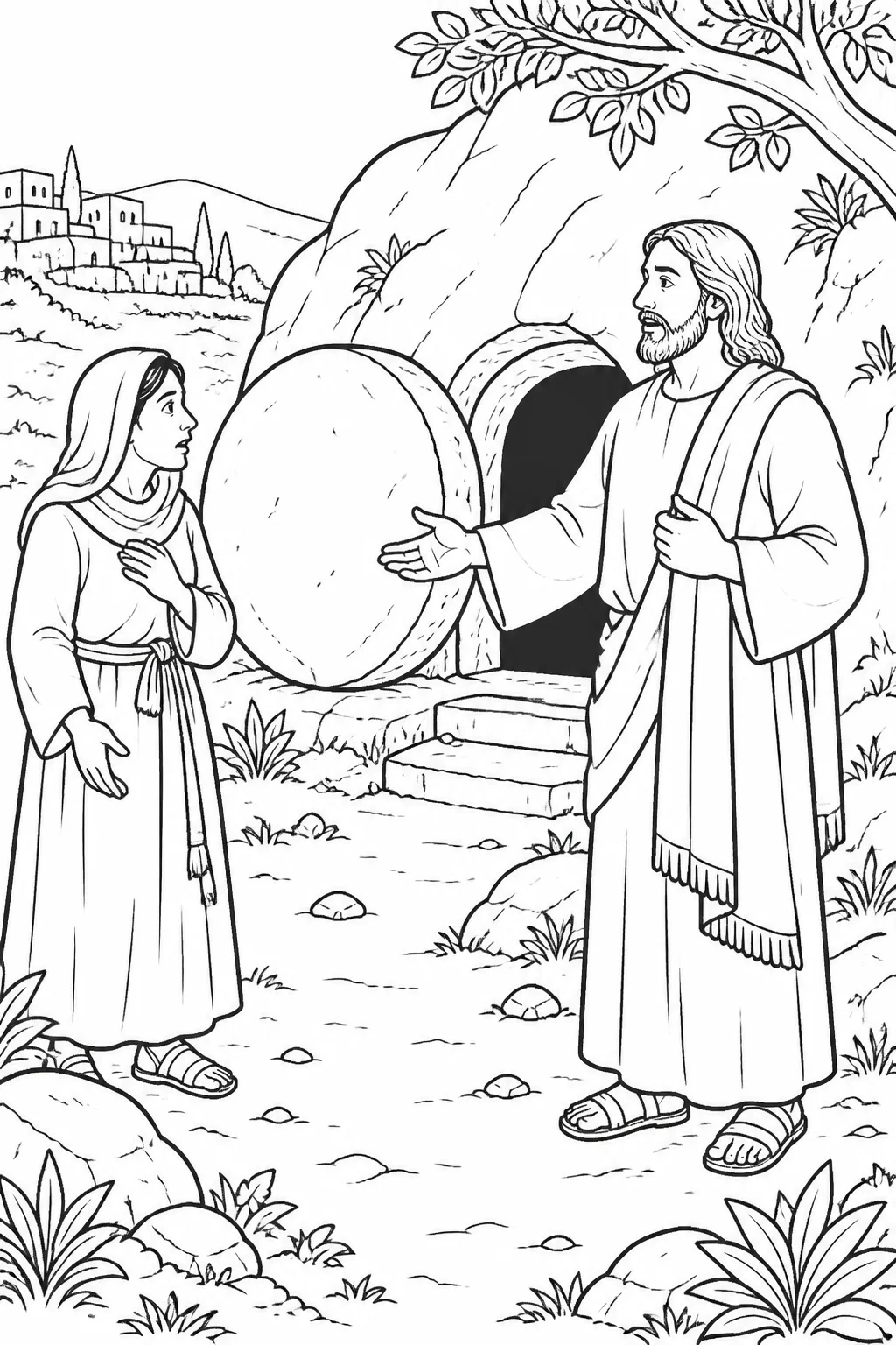 Jesus stands before Lazarus’s cave tomb while the stone covering the entrance is being moved, with Martha nearby expressing concern.