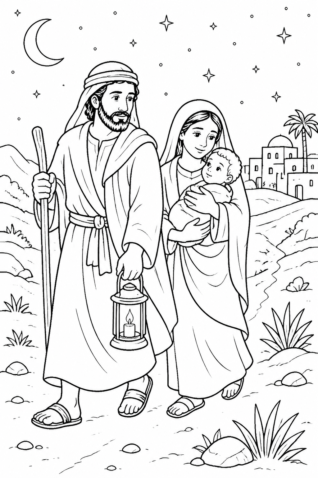 Leaving for Egypt at Night from Jesus Escapes to Egypt Bible coloring page