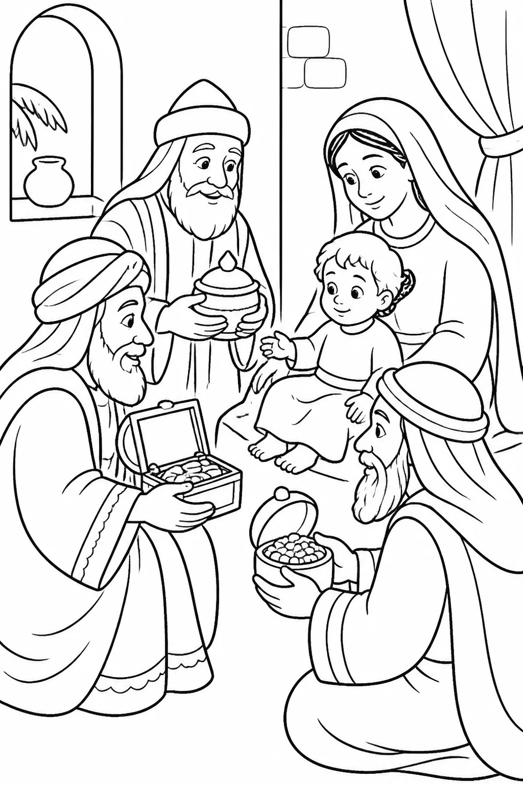 Magi from the east present gold, frankincense, and myrrh to Jesus in a house while Mary, Jesus’s mother, stands nearby.