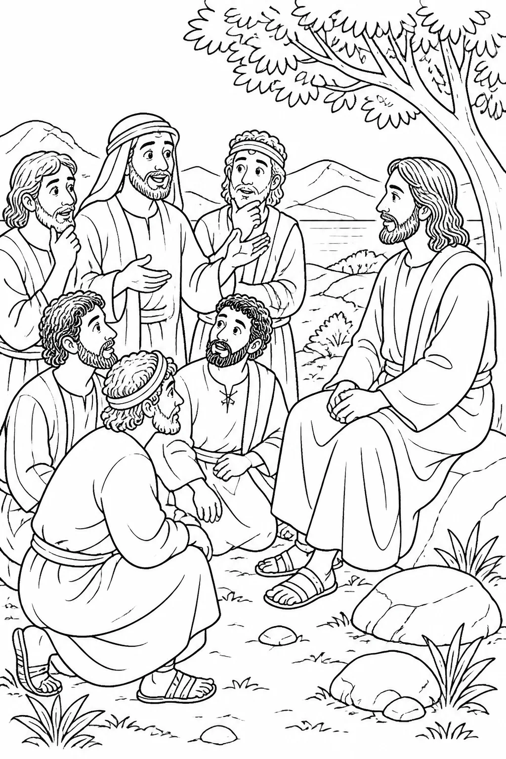 Jesus listening to the disciples as they report that people have suggested he is John the Baptist, Elijah, Jeremiah, or one of the prophets.
