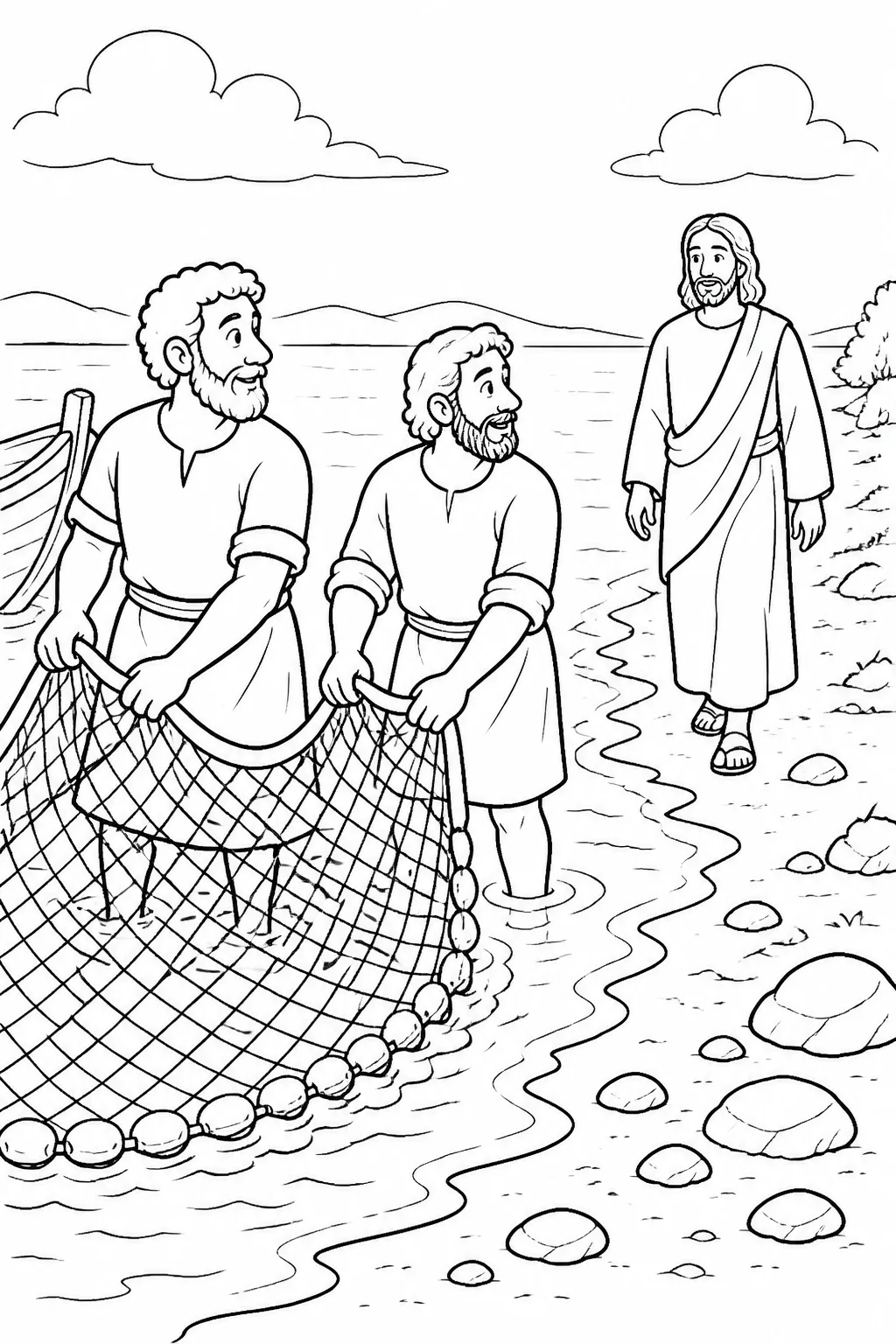 Jesus approaching Simon Peter and Andrew as they cast a fishing net beside the Sea of Galilee.