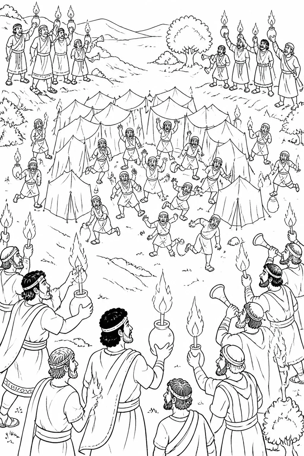 Gideon’s three companies surround the Midianite camp at night with trumpets, jars, and torches as the Midianites flee in confusion.