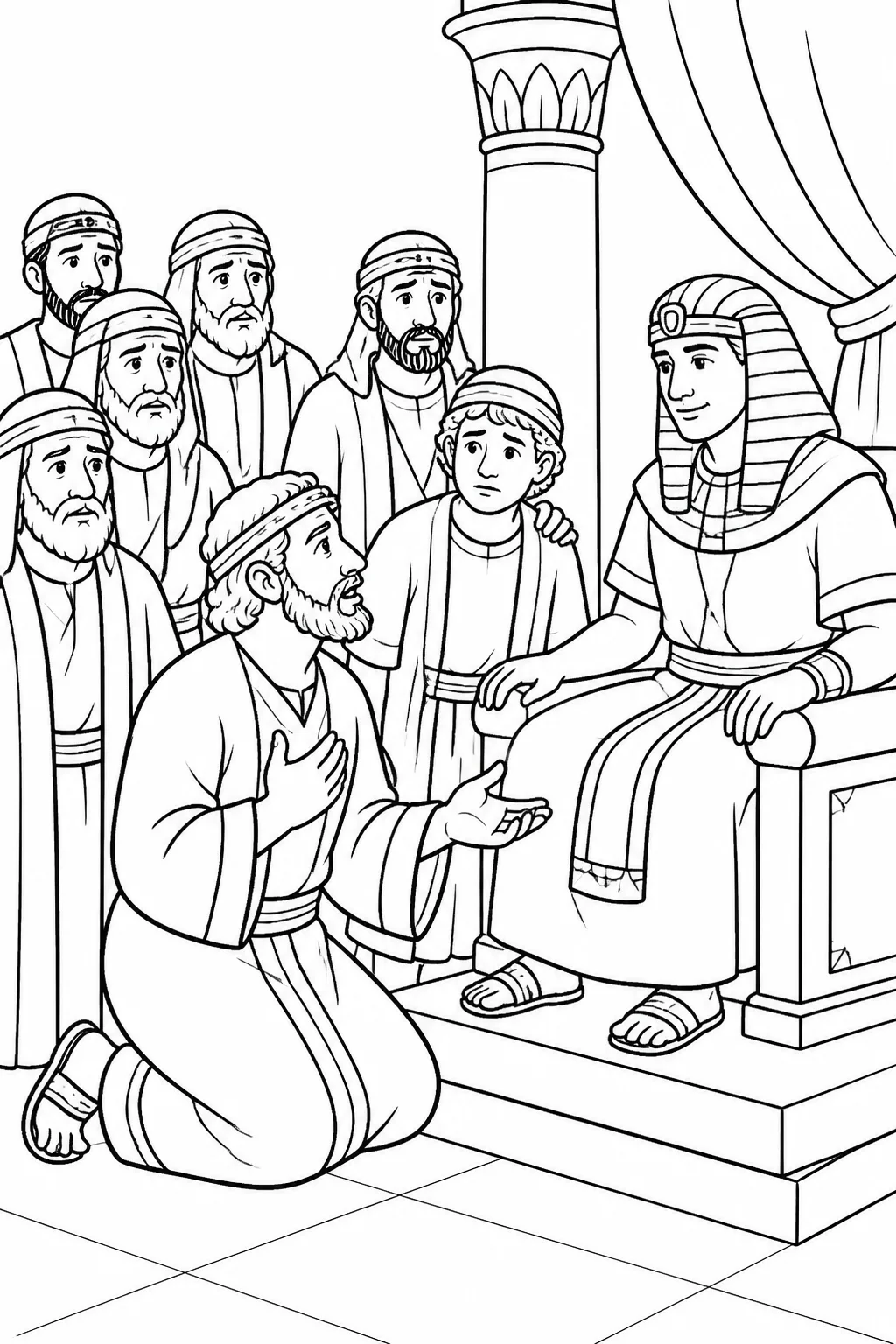 Judah speaks before Joseph in Joseph’s residence, offering to remain as a servant in Benjamin’s place while Benjamin and the other brothers stand nearby.