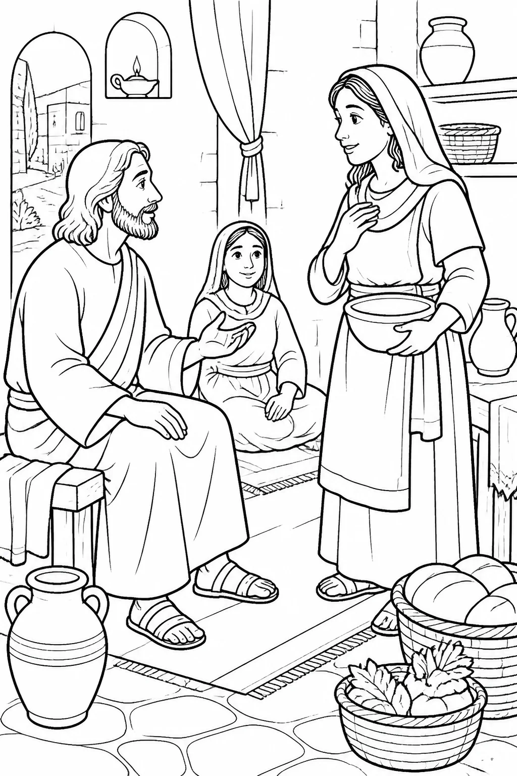 Jesus speaks to Martha by name in her home while Mary sits nearby at Jesus’ feet listening.