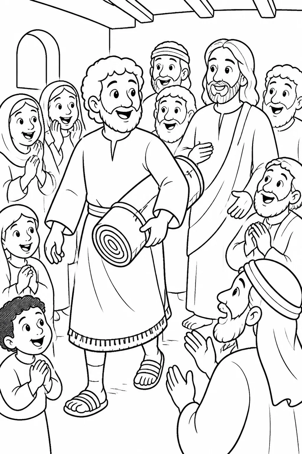 Jesus and a crowd watch as the healed man carries his mat away after Jesus commands him to get up and go home.