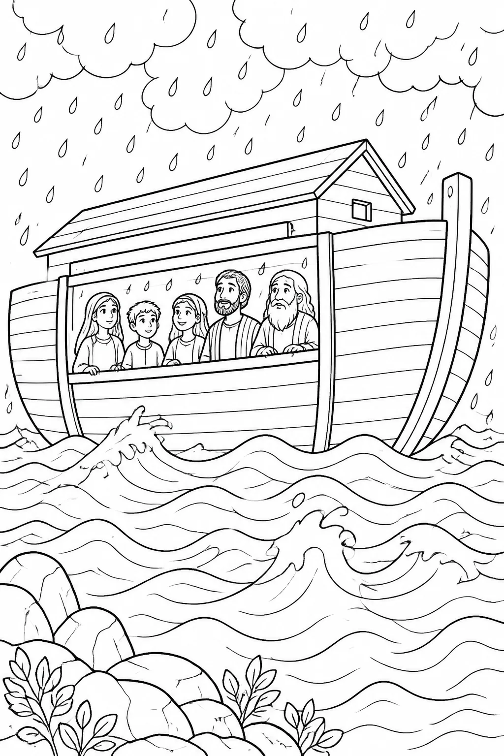 The rain begins from Noah’s Ark Bible coloring page