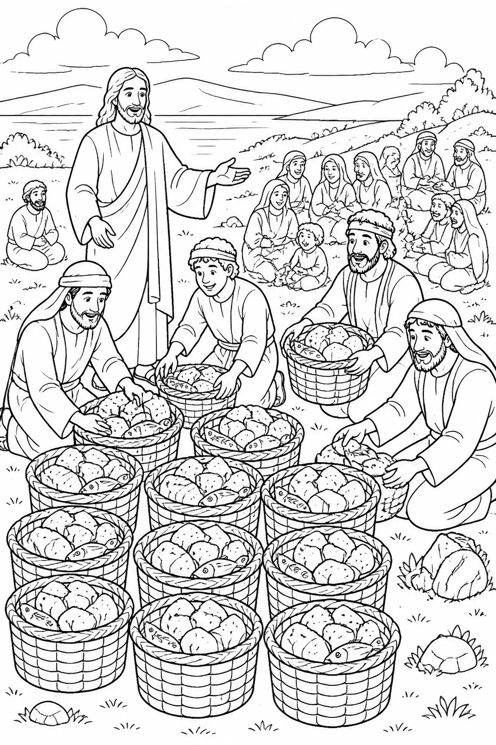 Jesus, the disciples, and seated groups of people after a meal, with twelve baskets of broken bread pieces and fish gathered nearby.