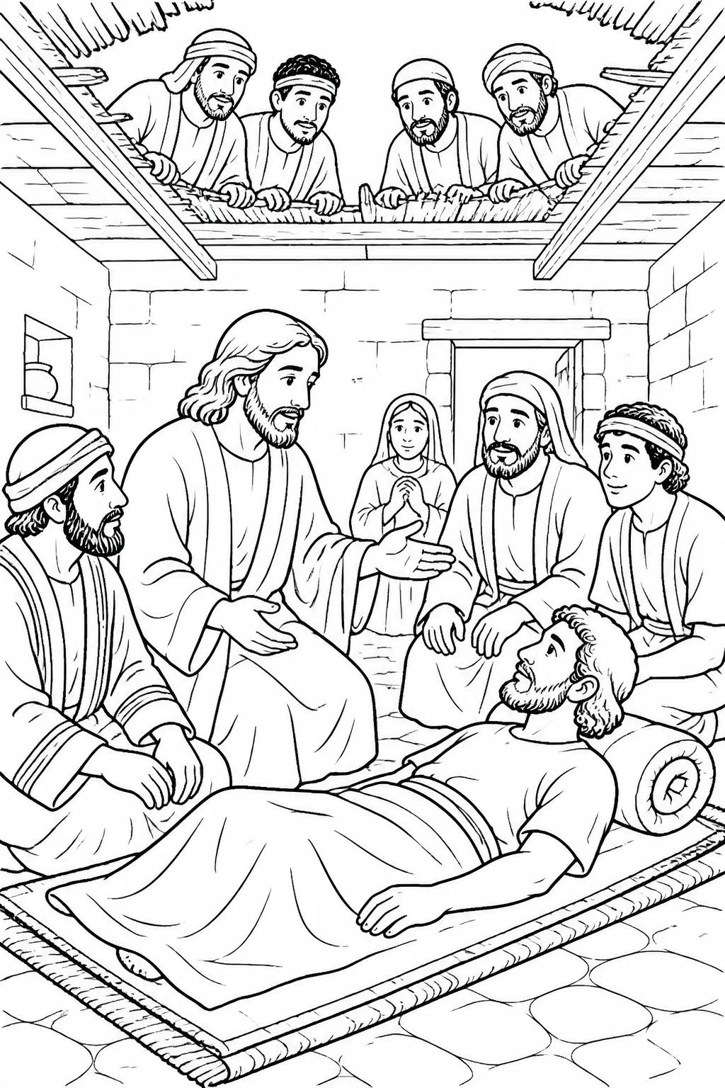 Jesus speaks to a paralyzed man on a mat inside a house beneath an opened roof, while four unnamed people and a crowd listen.