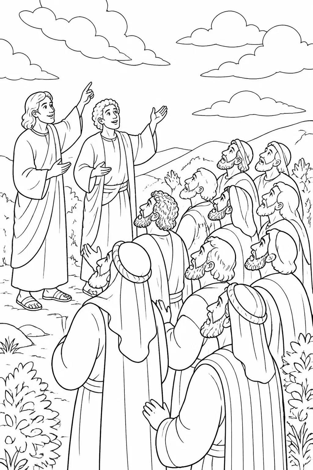 The apostles look toward heaven while two men in white clothing announce that Jesus will come again in the same way they saw him go.