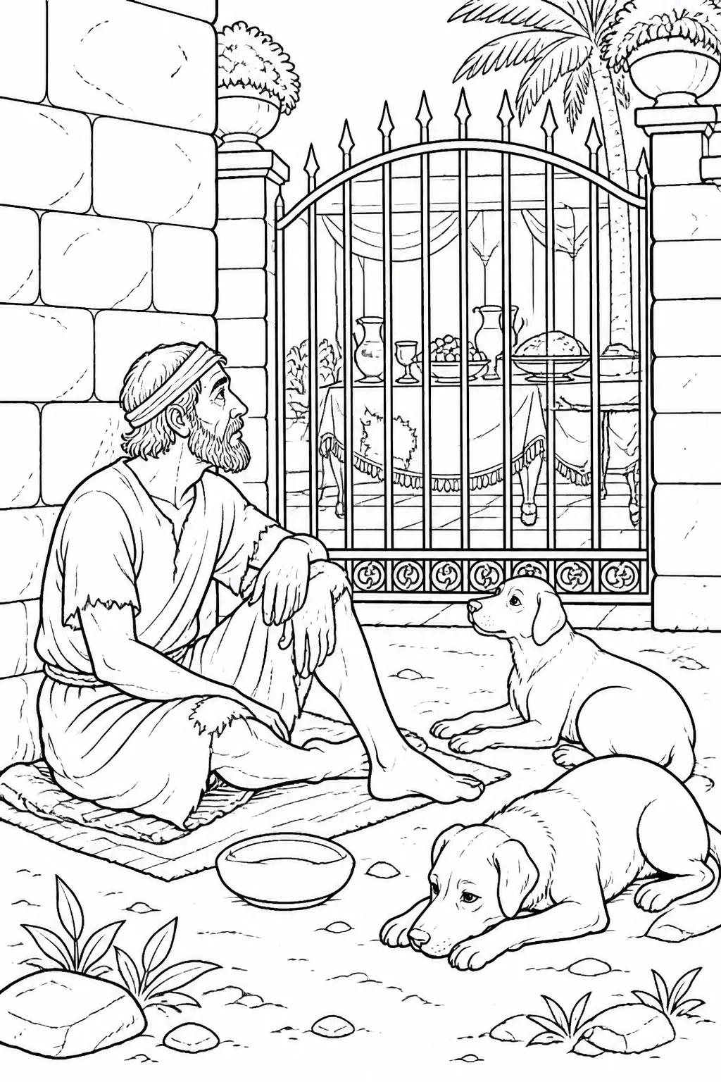 Lazarus seated beside the rich man’s gate, with the rich man’s table beyond it and dogs nearby, illustrating Luke 16:20–21.