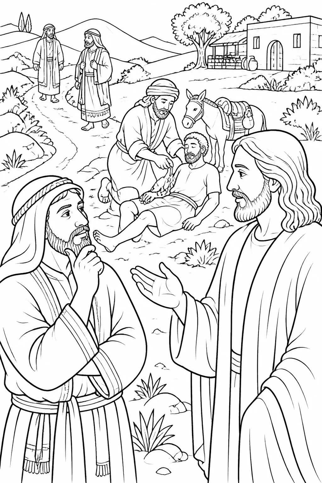 Jesus and a law expert with the Good Samaritan helping a wounded traveler, while a priest, a Levite, and an inn appear in the surrounding parable scene.