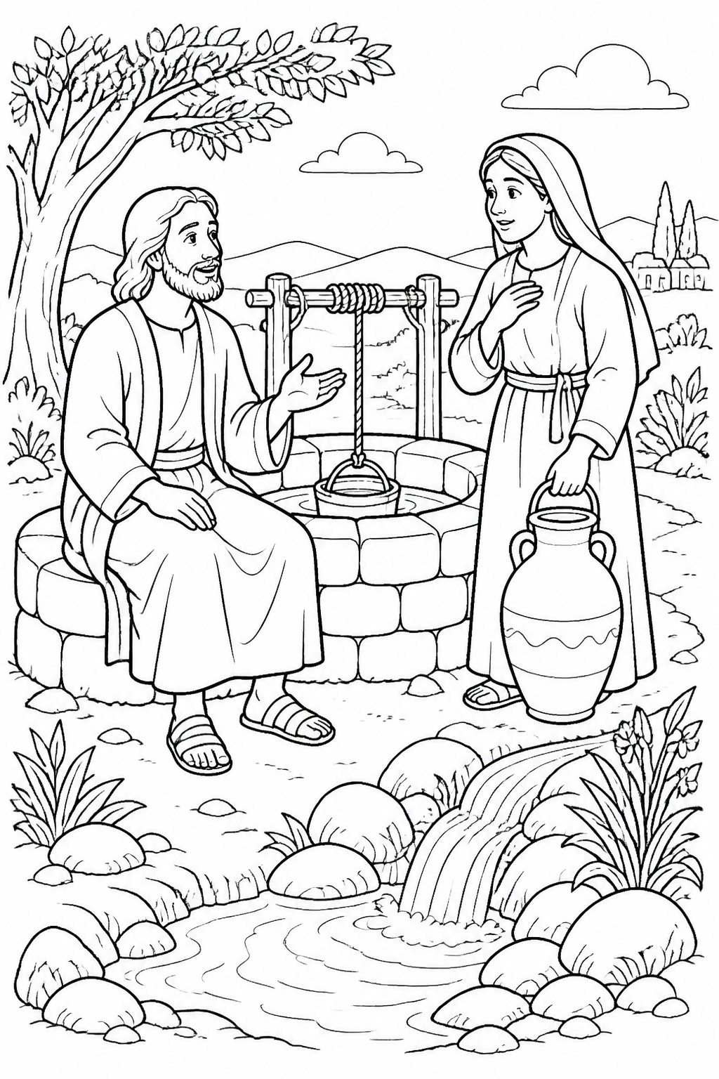 The Gift of Living Water from Jesus and the Samaritan Woman Bible coloring page