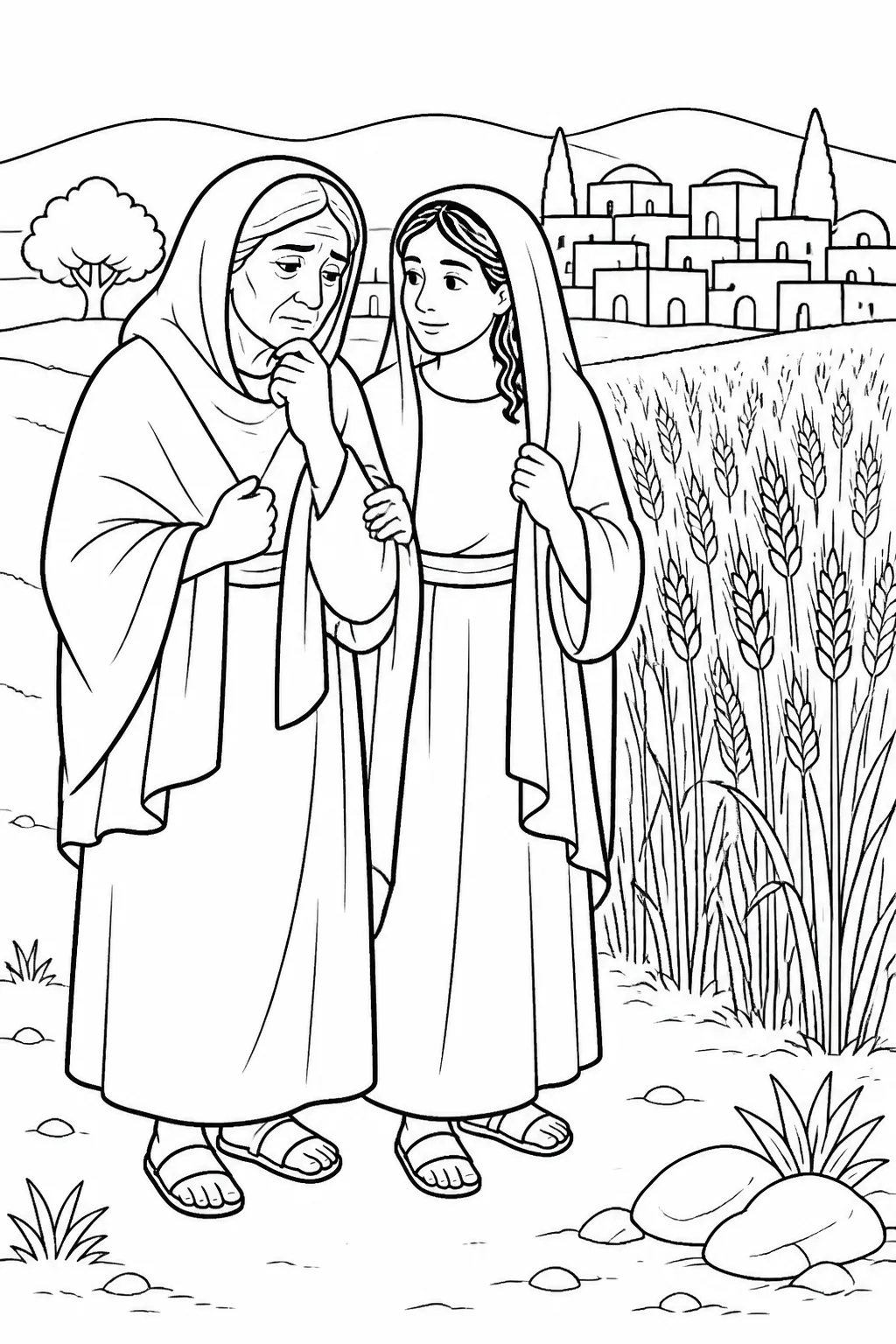 Naomi and Ruth together near Bethlehem beside a barley field at the beginning of harvest, with Naomi burdened by grief and Ruth faithfully beside her.