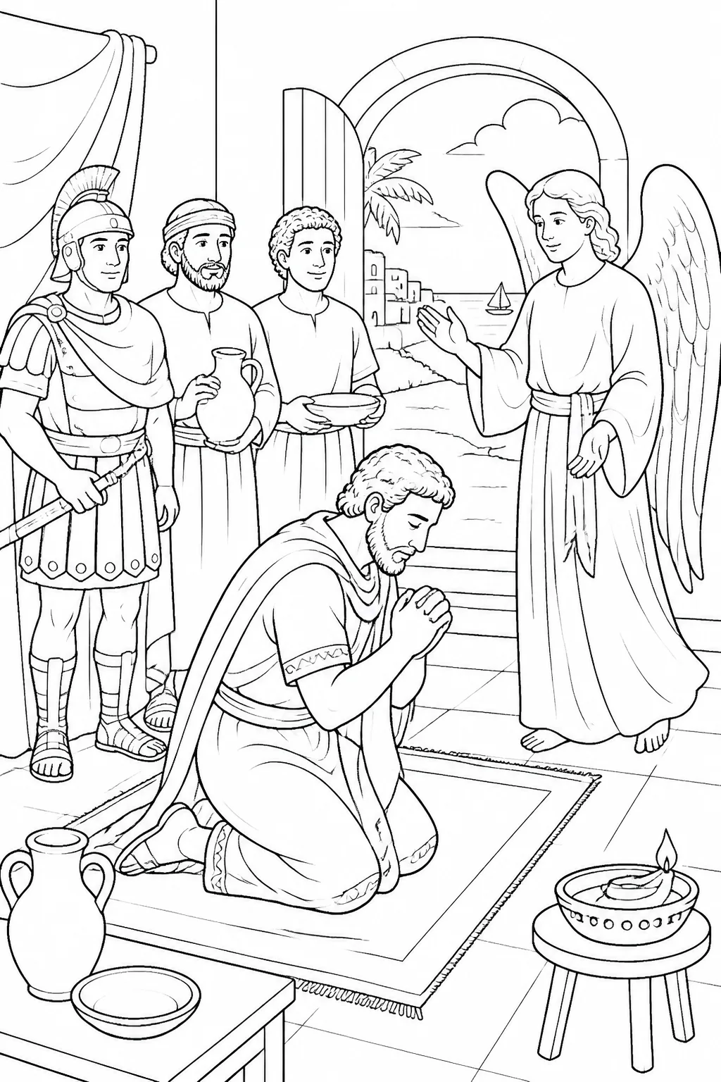 Cornelius kneeling in prayer inside his home while an angel gives him a message; two household servants and a devout soldier are ready to receive his instructions.