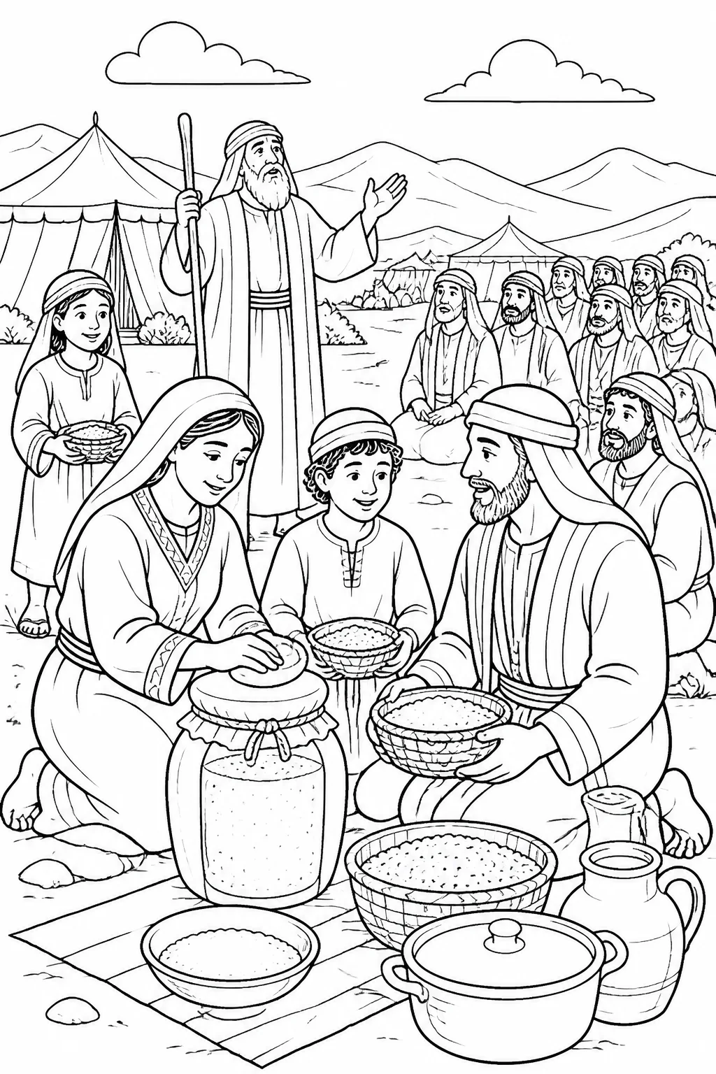 Moses teaches Israelites in the camp as they keep the double portion of manna gathered before the Sabbath, with prepared food and cooking vessels nearby.