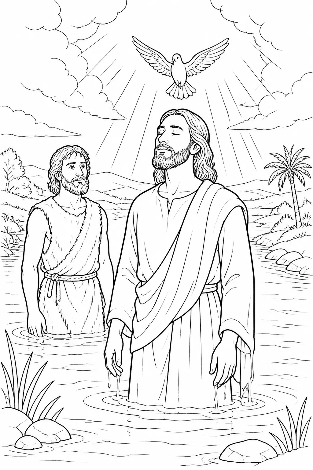Jesus has come up from the Jordan after baptism as the heavens open and the Spirit of God descends like a dove to rest on him; John the Baptist may be nearby.