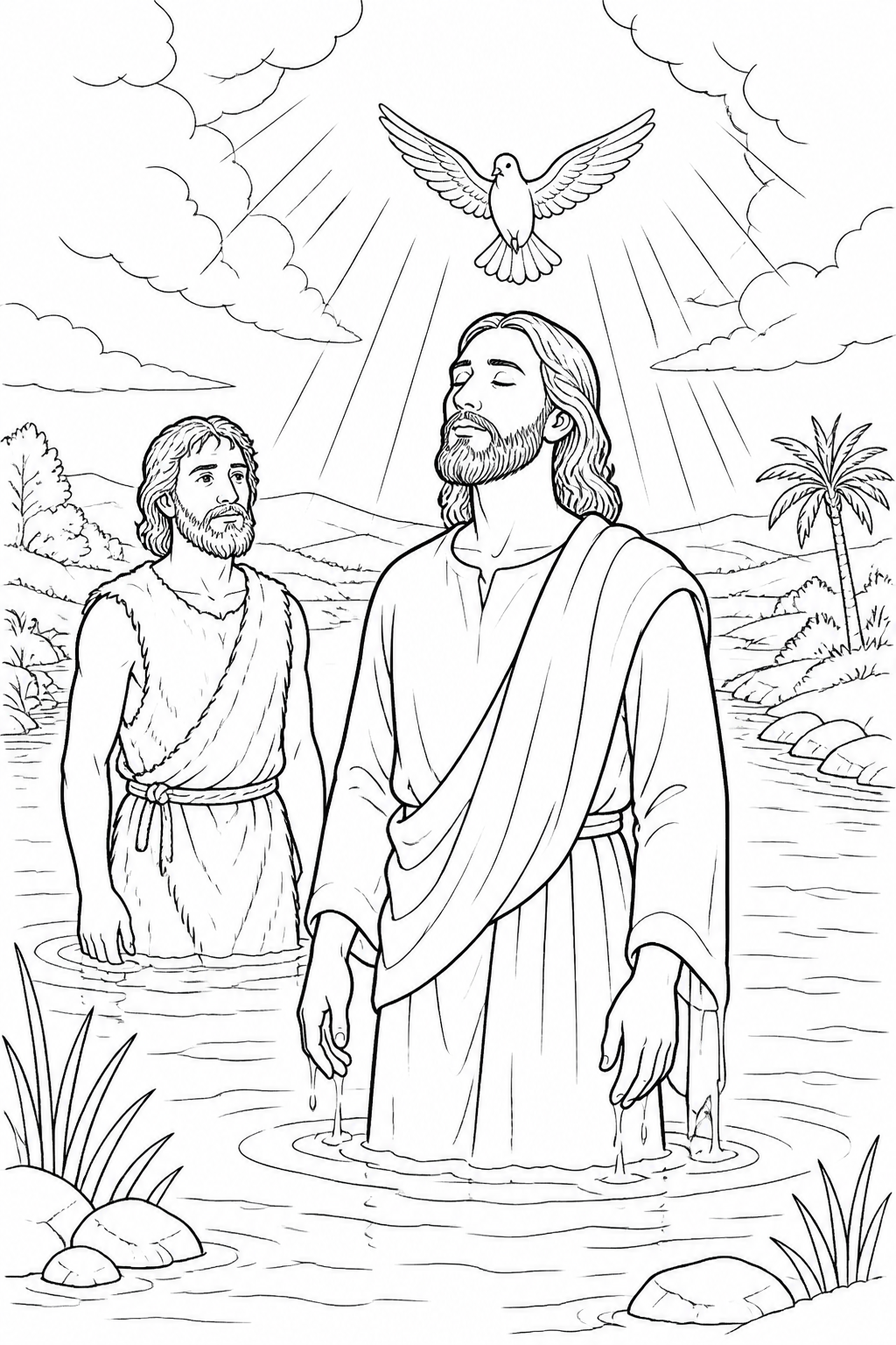 Jesus, the Opened Heavens, and the Spirit from Jesus Is Baptized Bible coloring page