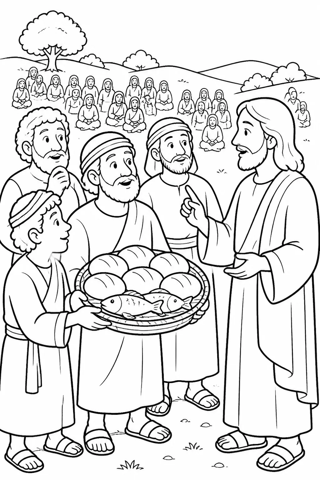 Jesus listens as the disciples discuss feeding the crowd in a solitary place, with five loaves and two fish shown in the scene.