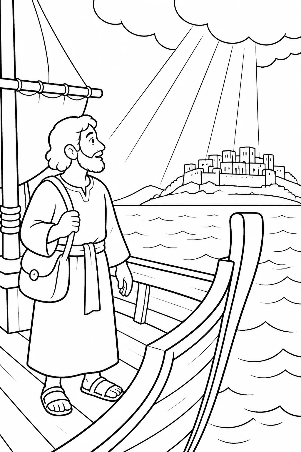 Jonah stands facing a distant view of Nineveh while a symbolic light from above represents the LORD’s command to go there.