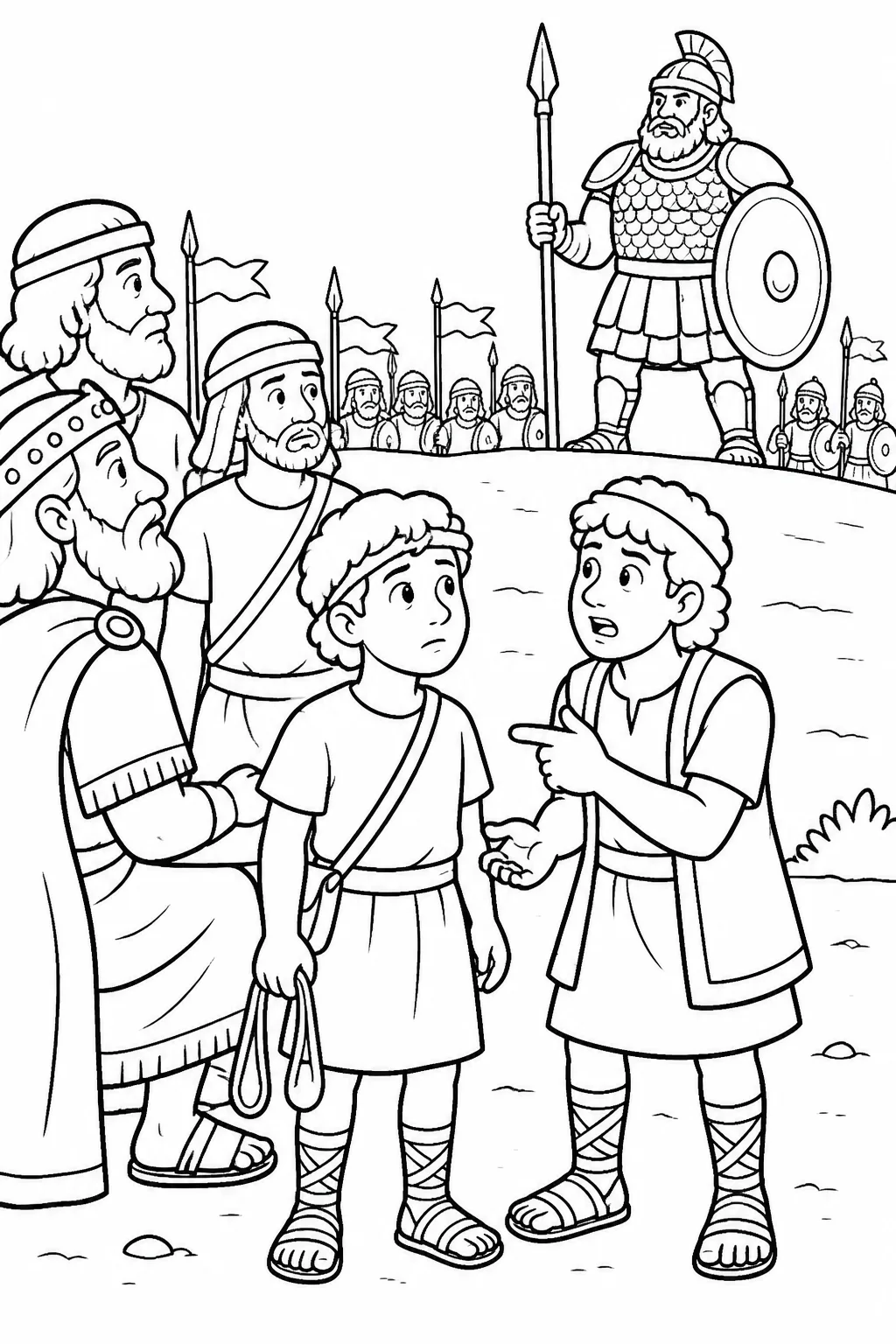 David listens near the Israelite battle line as Goliath challenges Israel, with Eliab and Israelite soldiers nearby.