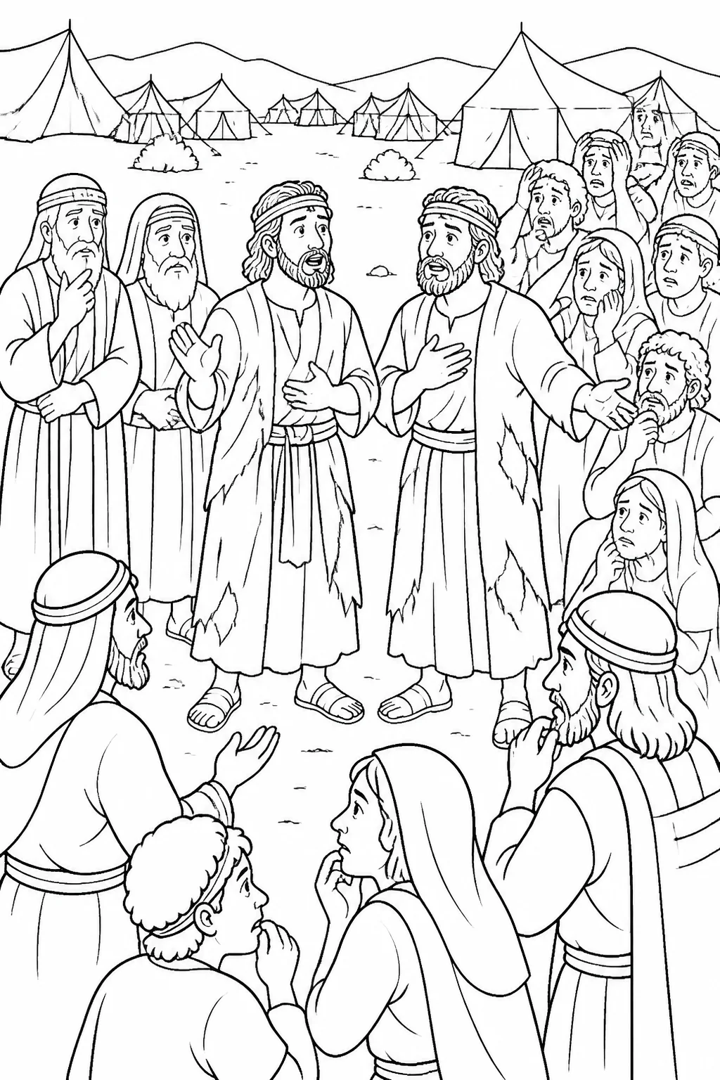 Joshua and Caleb stand in the Israelite camp with torn garments, speaking courageously to a worried community while Moses and Aaron are nearby.