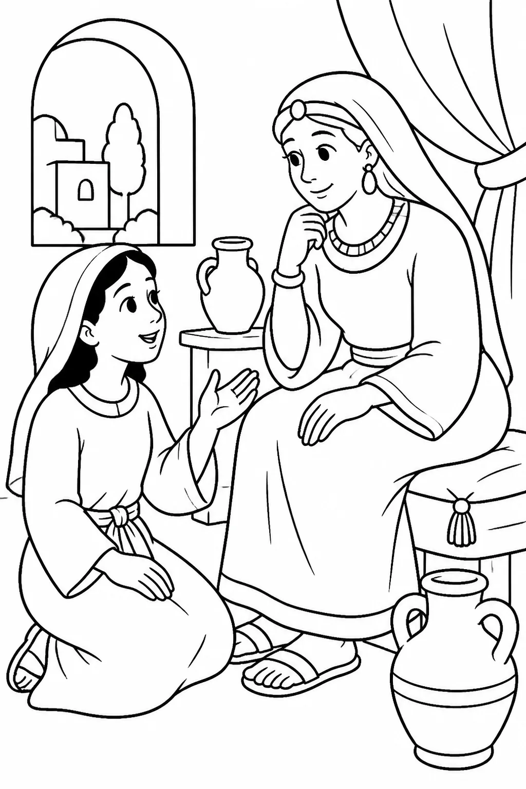 The captive Israelite girl respectfully speaks with Naaman’s wife in a simple household setting about the prophet in Samaria who could help Naaman.