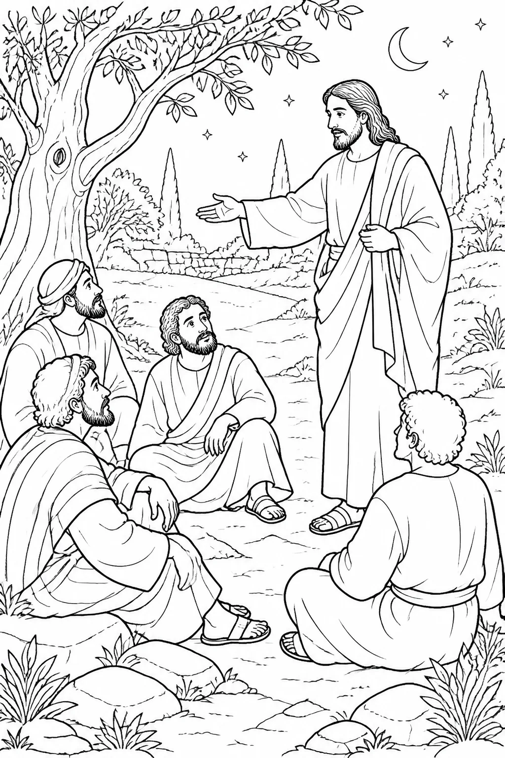 Jesus gestures for his disciples to sit in Gethsemane while he goes to pray, based on Matthew 26:36.