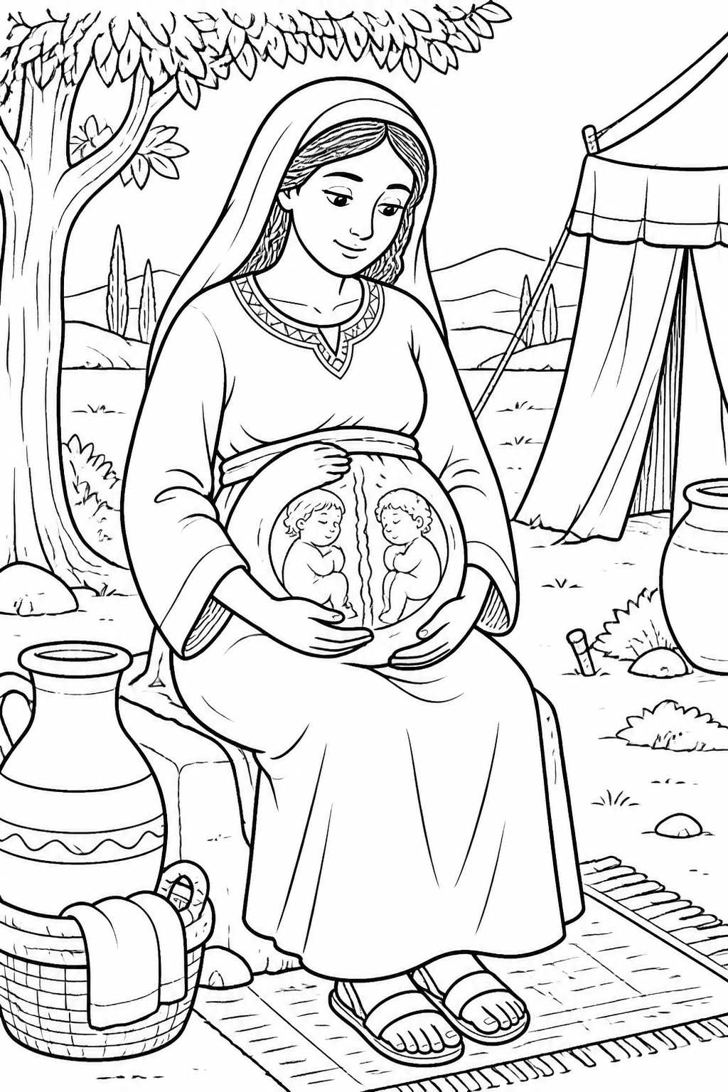 Rebekah and the Twins from Jacob and Esau Bible coloring page