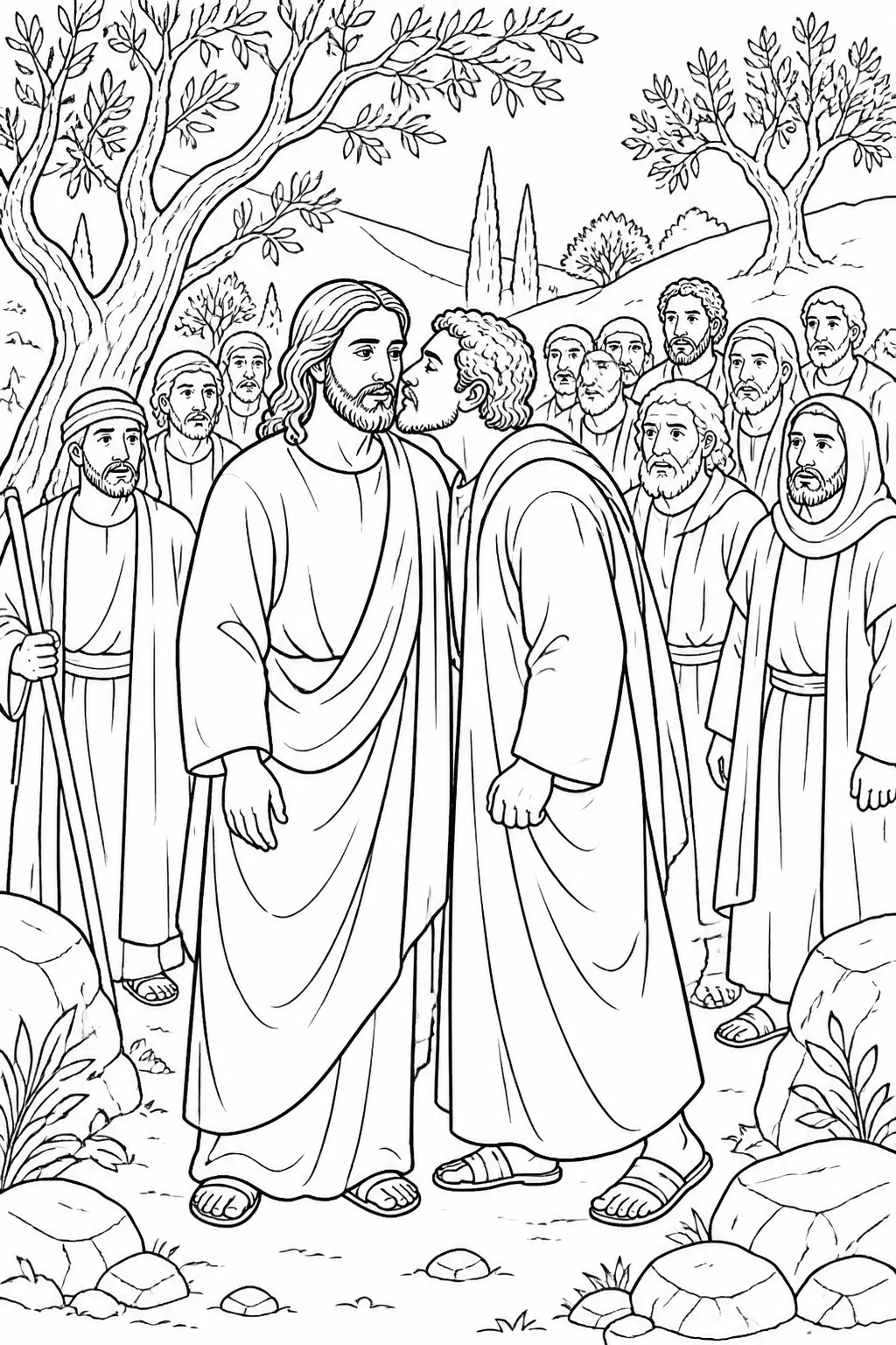 Jesus faces Judas Iscariot on the Mount of Olives as Judas approaches with a crowd and identifies Jesus with a kiss.