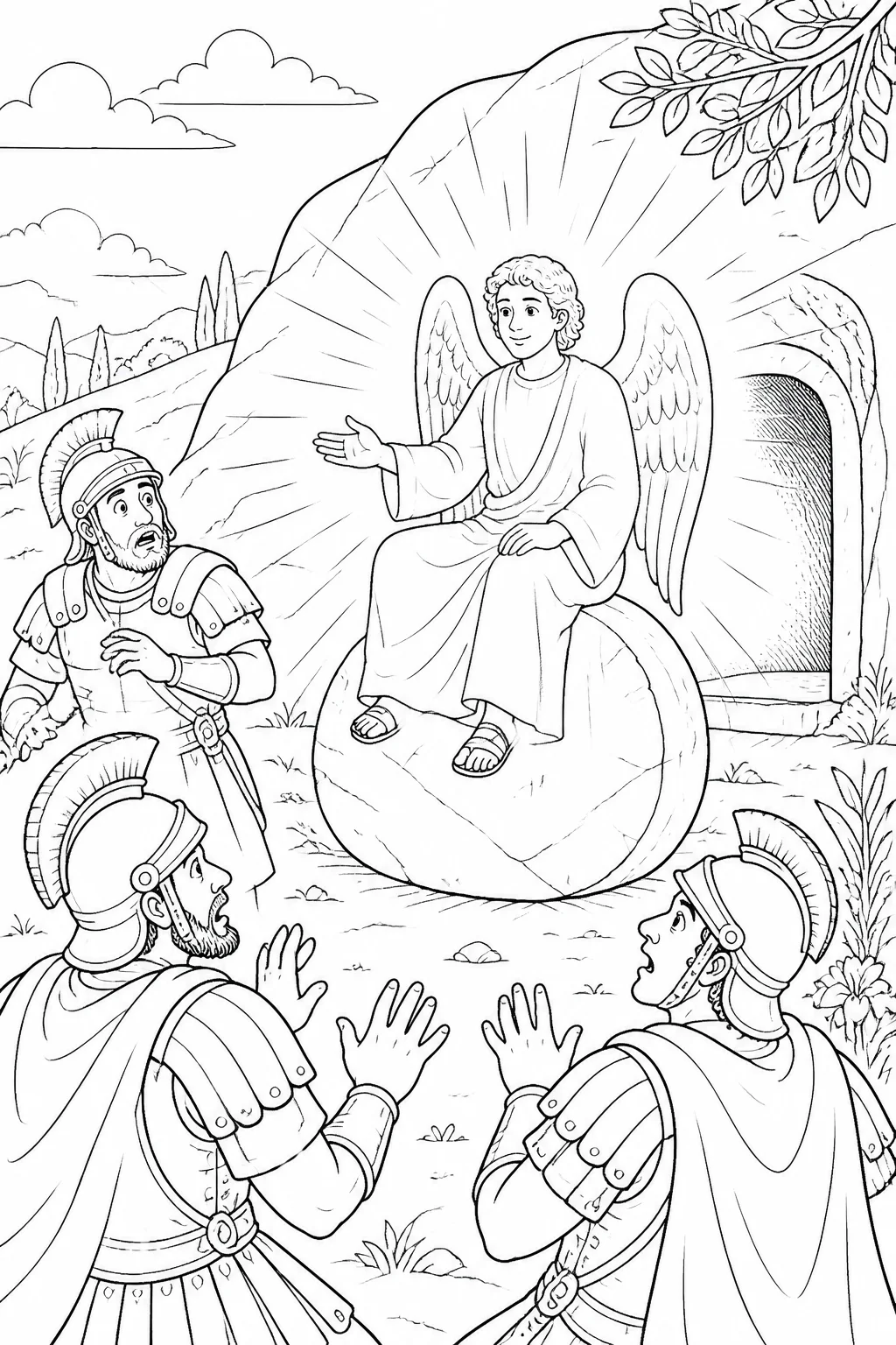 An angel of the Lord rolls back the large stone at Jesus’ tomb while guards tremble nearby, based on Matthew 28:2-4.