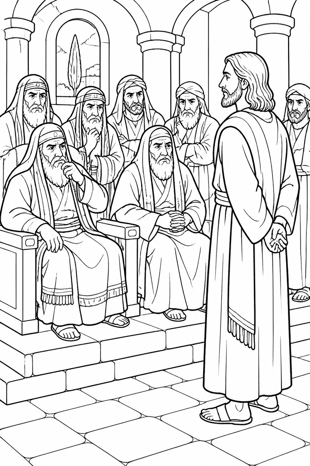 The Council Questions Jesus from Jesus Is Arrested and Tried Bible coloring page