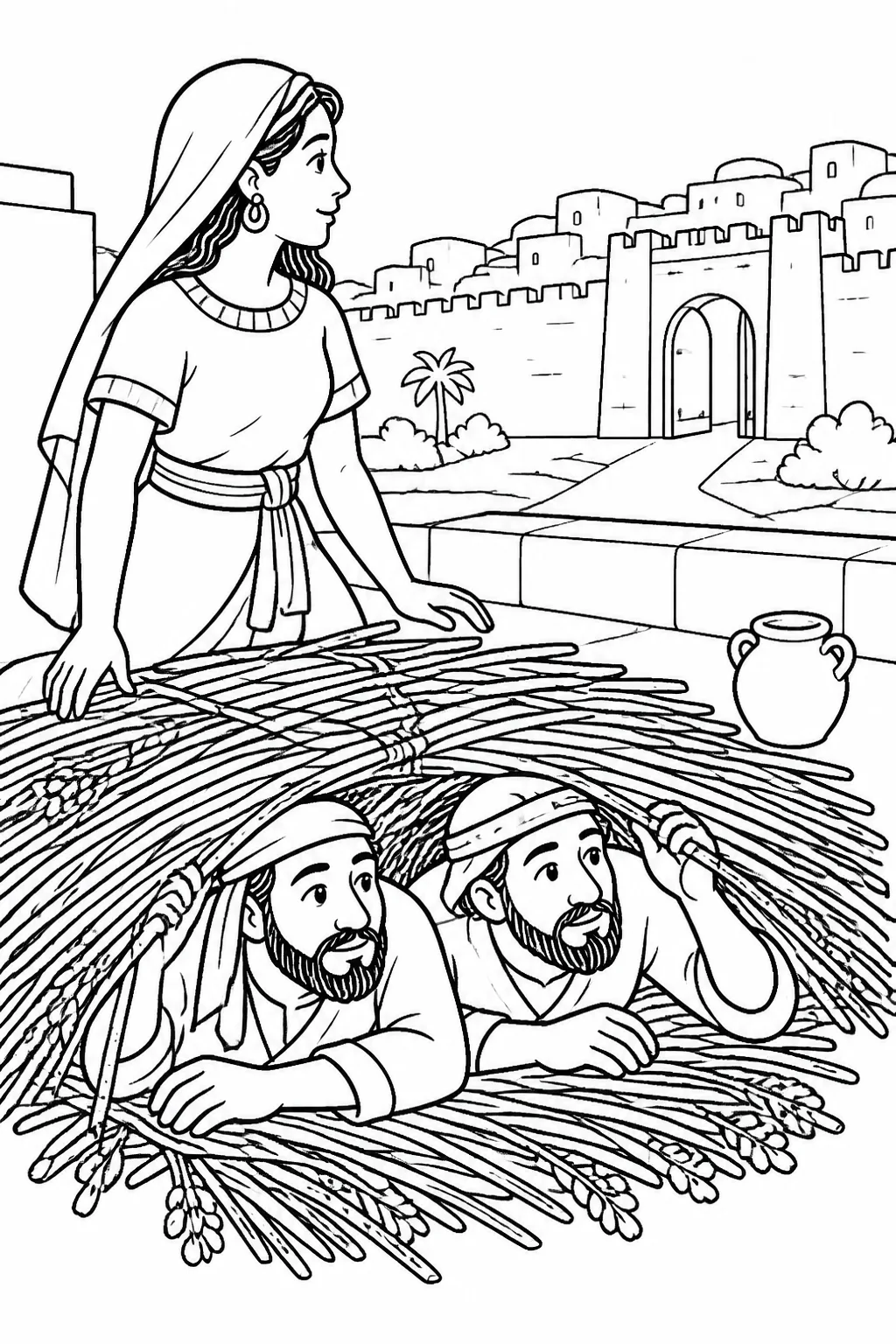 Rahab on her roof near bundles of flax while two unnamed Israelite spies hide beneath them, with Jericho’s city gate in the distance.