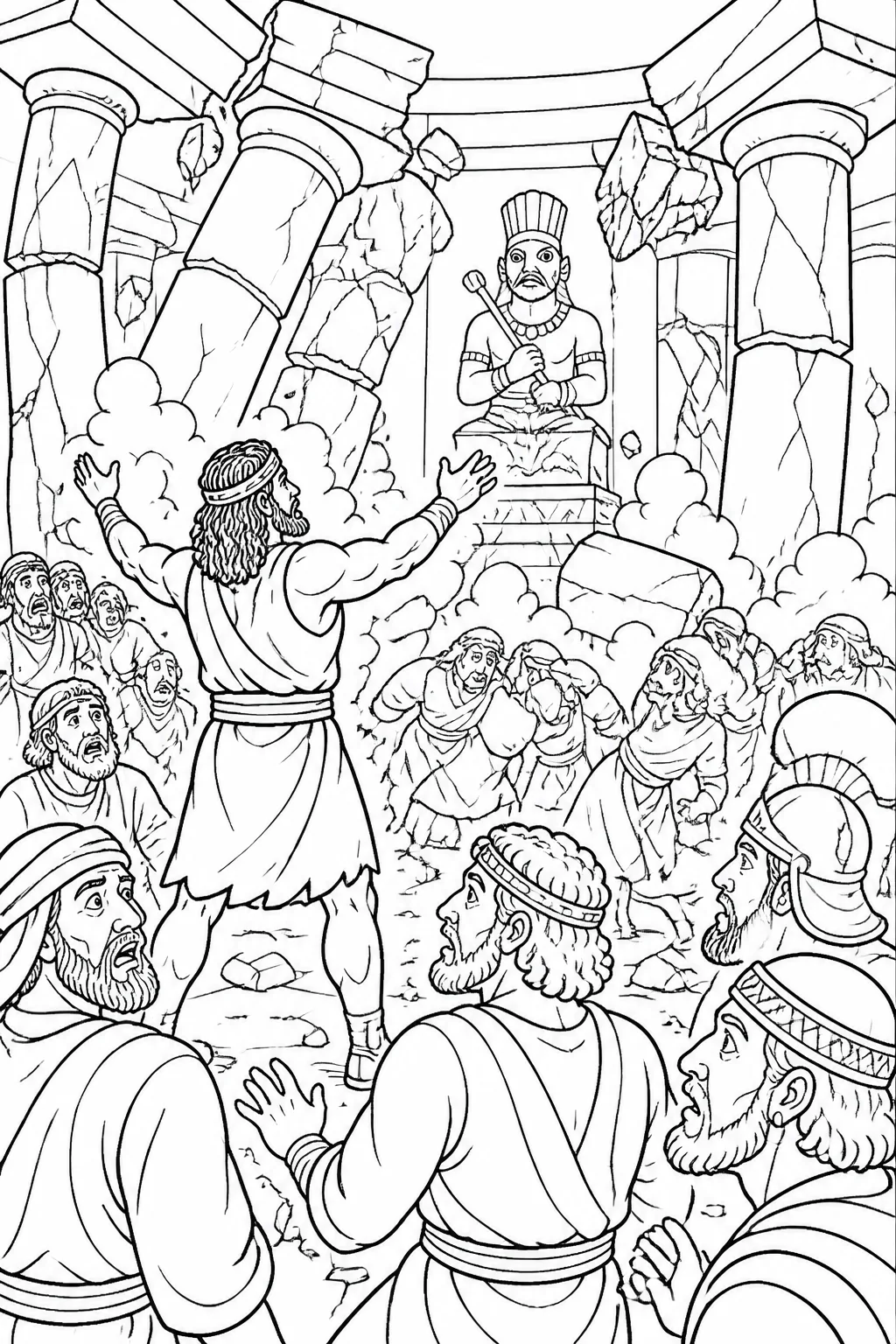 A symbolic, non-graphic illustration concept of Samson at Dagon’s temple during its collapse, with broken pillars, dust, and subdued gathered silhouettes.