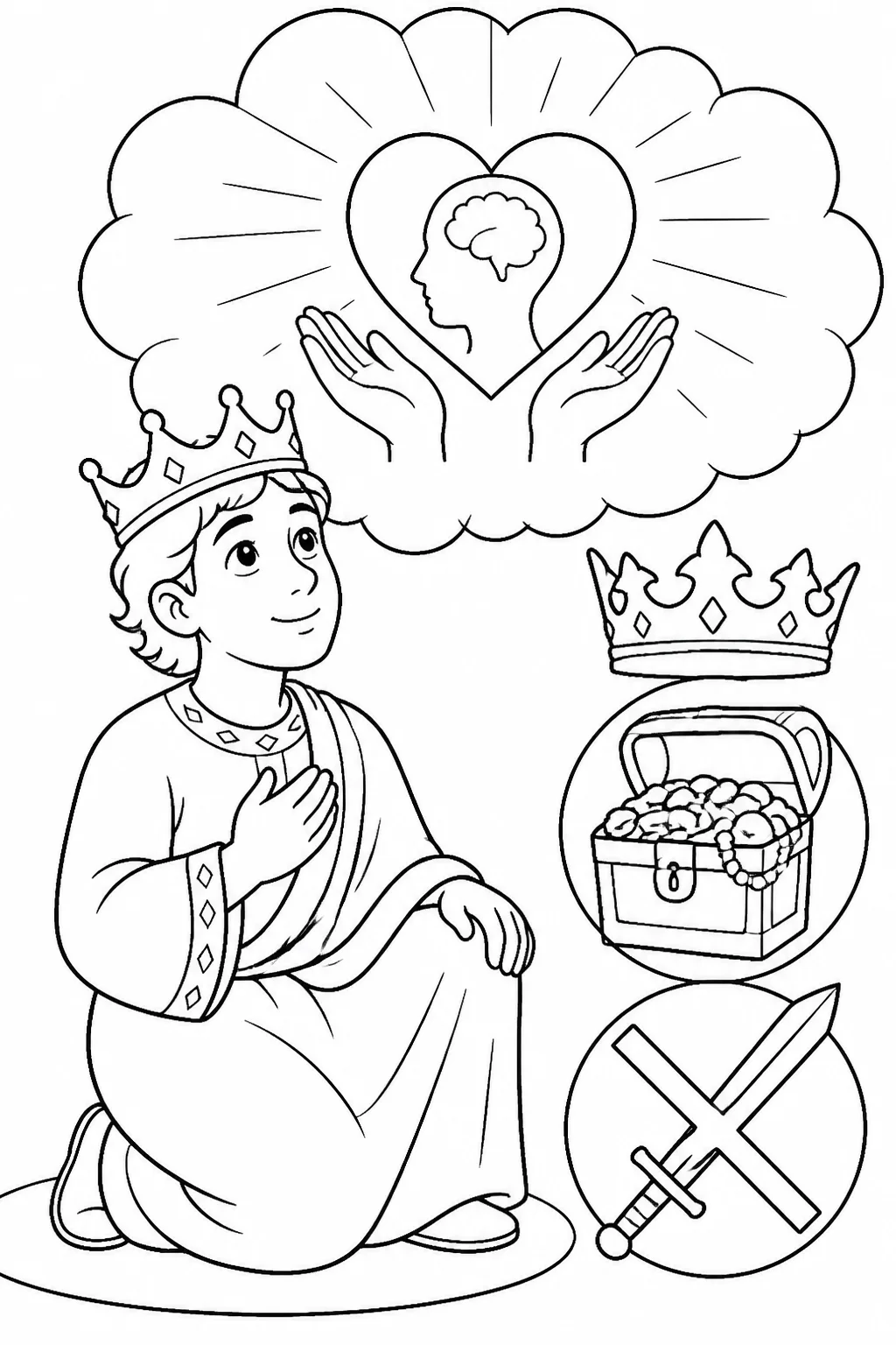 Solomon shown with a crown, treasure chest, symbolic rejected sword, and an understanding-heart symbol, representing his request for wisdom to lead God’s people.