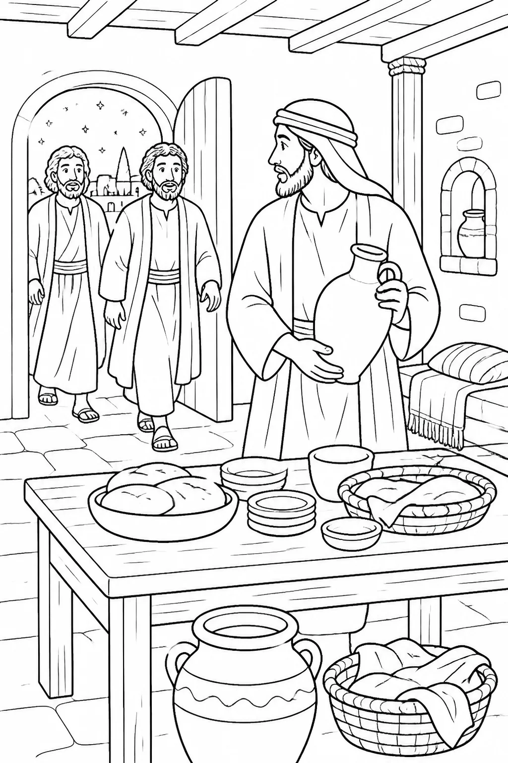 Peter and John follow an unnamed man carrying a jar of water to a furnished upper room where they prepare the Passover meal at a table.