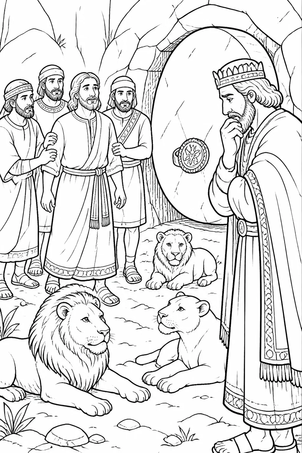 Daniel is placed into the lions’ den while distressed King Darius stands nearby; a stone and the king’s signet ring seal the entrance.