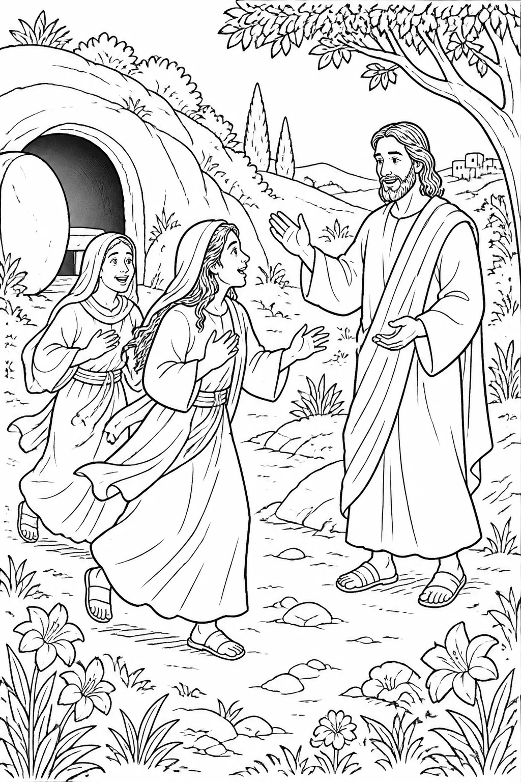 Illustration concept of Jesus meeting Mary Magdalene and the other Mary near the tomb after his resurrection, greeting them, telling them not to fear, and sending them to share a message.