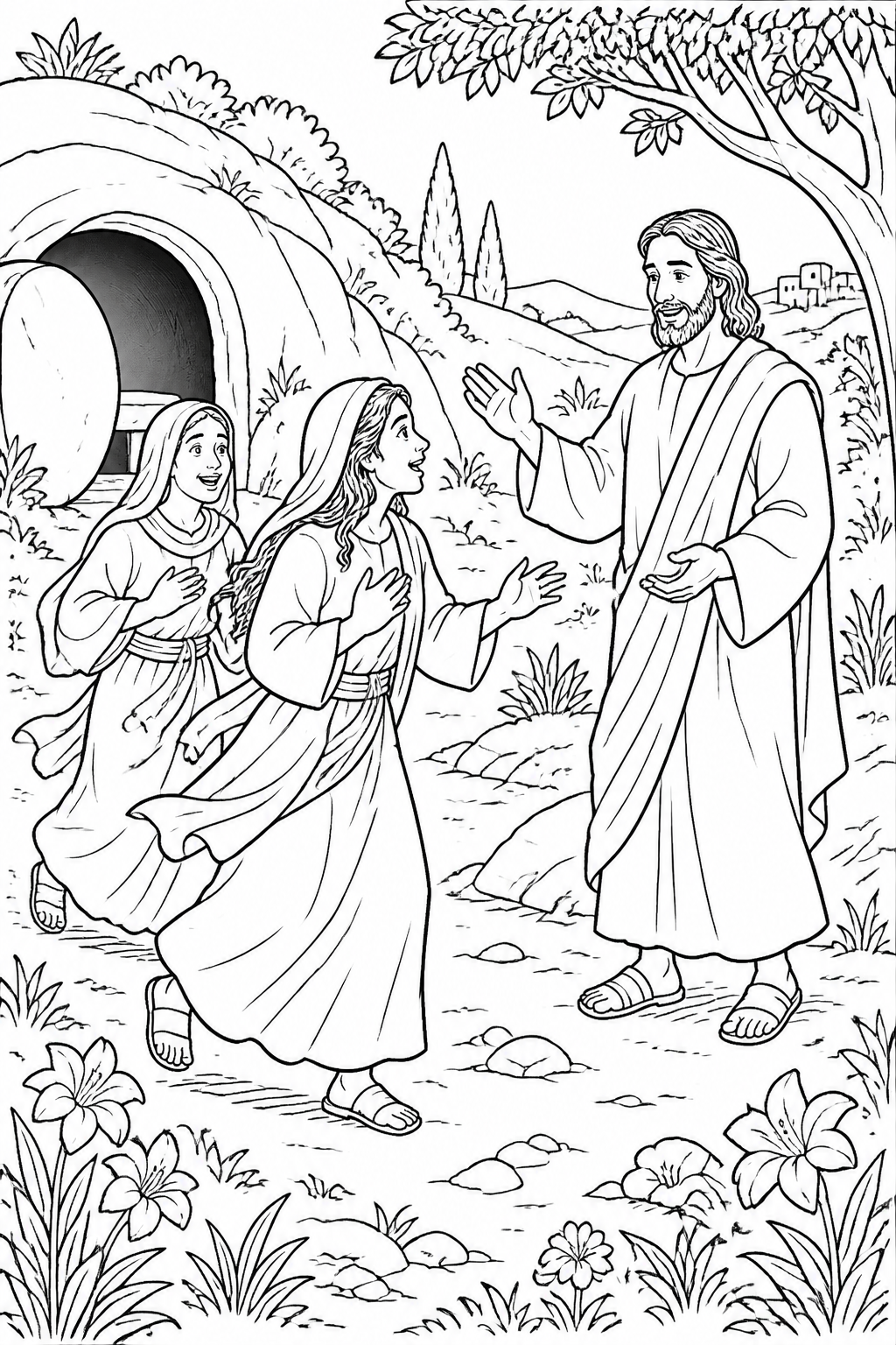 Jesus Meets the Women from Jesus Is Risen Bible coloring page