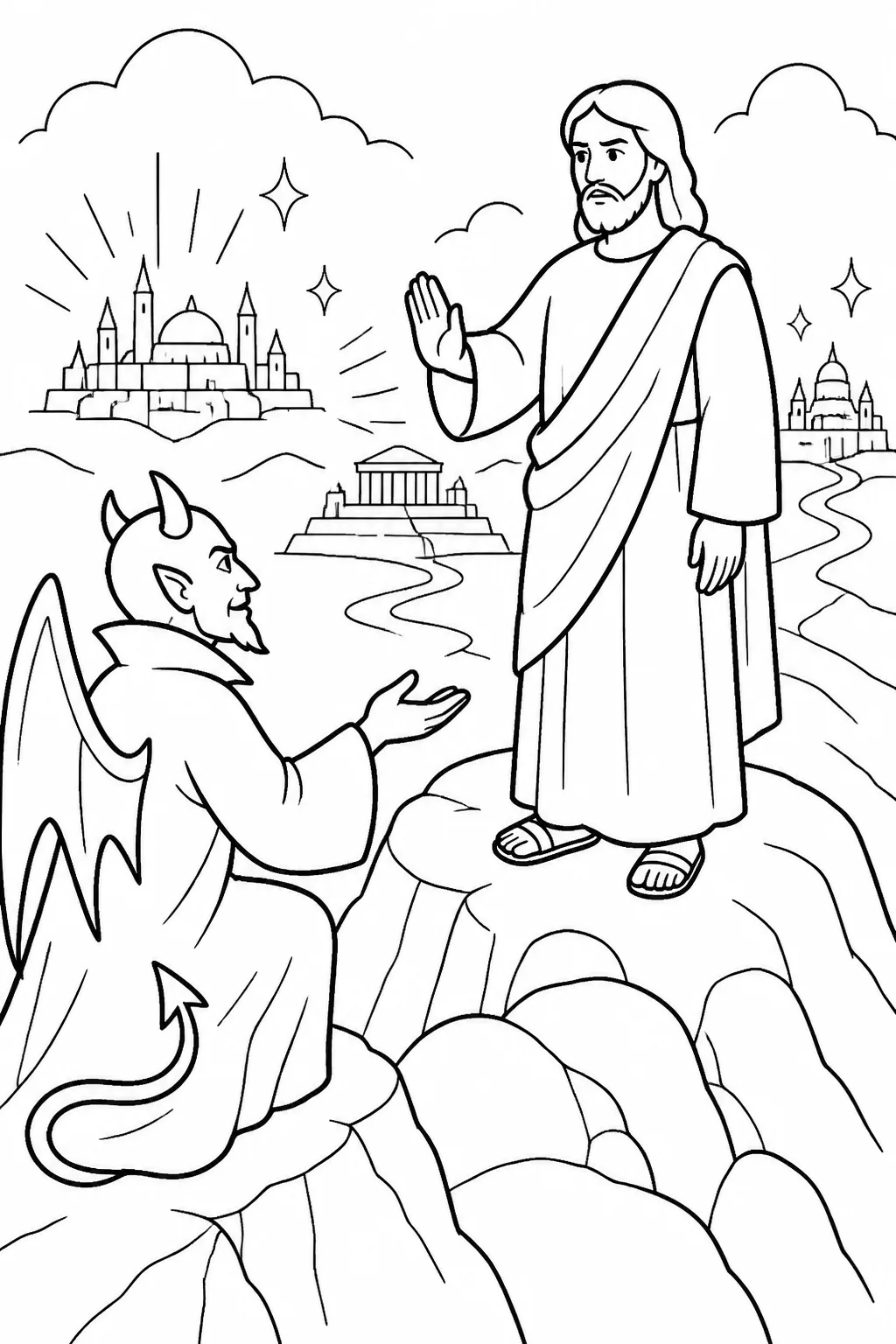 Jesus faces the devil on a very high mountain while distant abstract views suggest the kingdoms of the world and their glory; Jesus refuses the offered power and commands the devil to go.