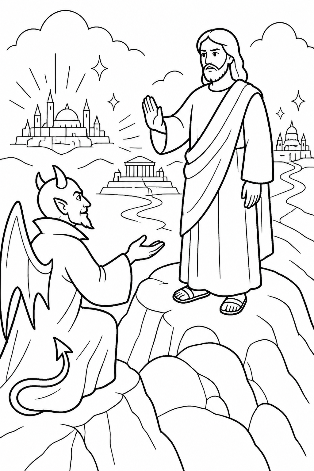 Jesus Worships God Alone from Jesus Is Tempted in the Wilderness Bible coloring page