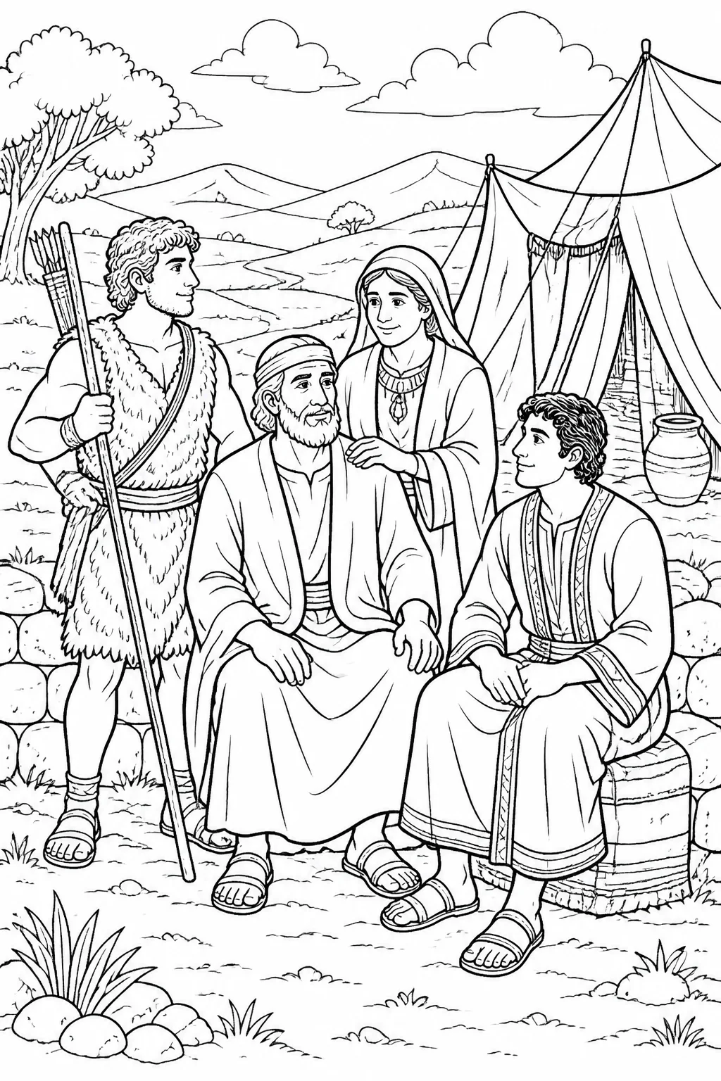 Isaac and Rebekah with their grown sons Esau near the open country and Jacob near the tents, illustrating Genesis 25:27-28.